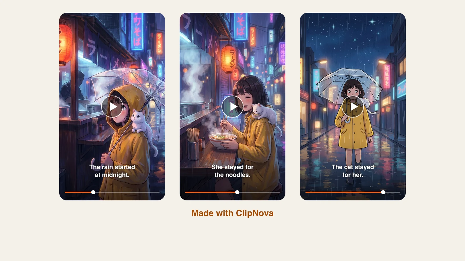 AI cartoon video generators: Mina and her white cat at a rainy ramen stall, sharing noodles and walking home, three scenes made with ClipNova