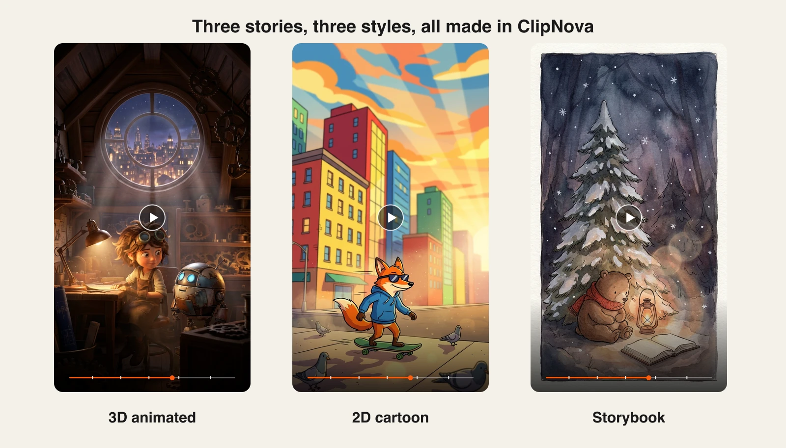 Three cartoon video styles from ClipNova: 3D animated inventor, 2D cartoon fox on a skateboard, storybook bear