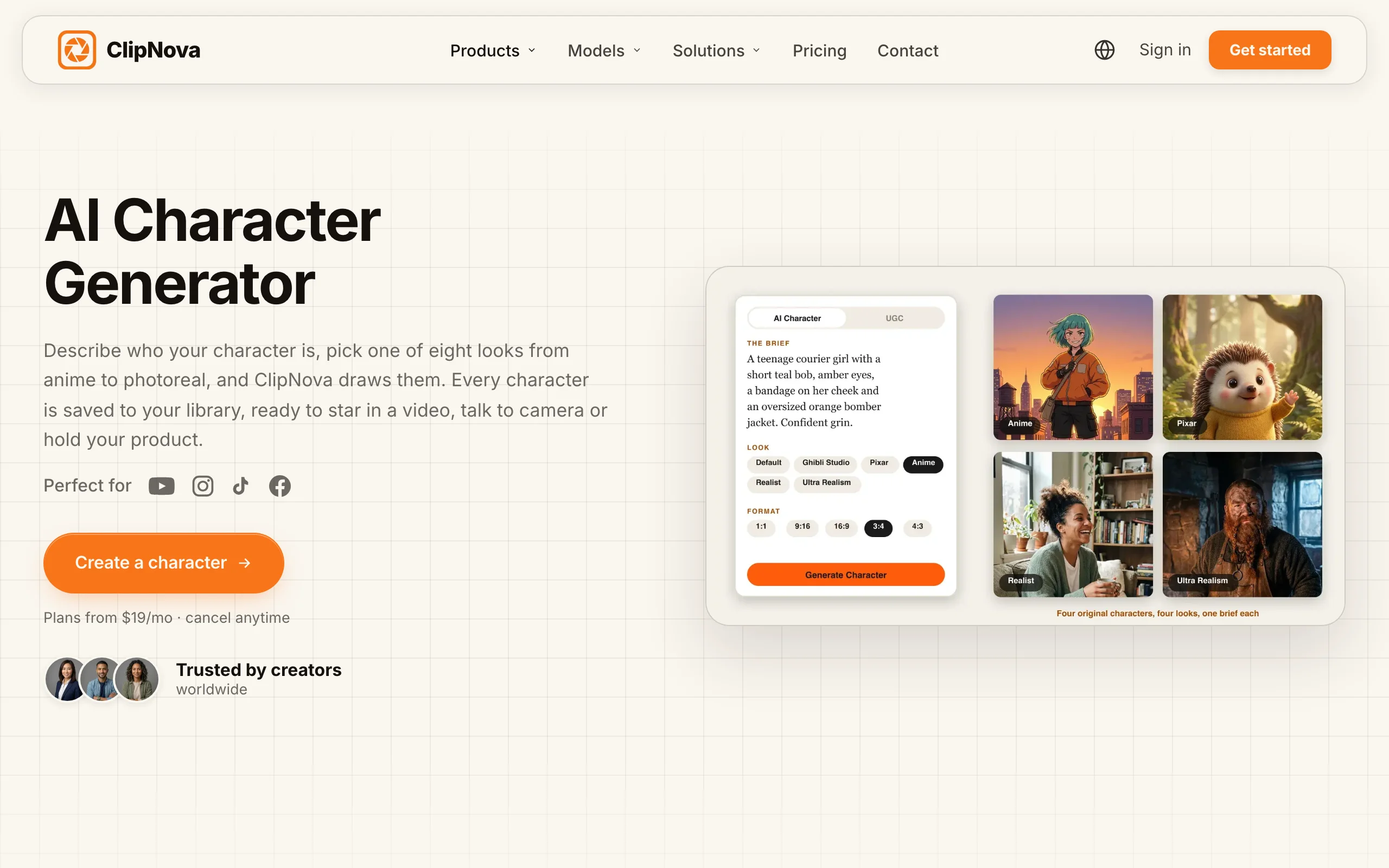 Best AI character generator ClipNova, its AI Character Generator page with a character brief and four characters in four looks