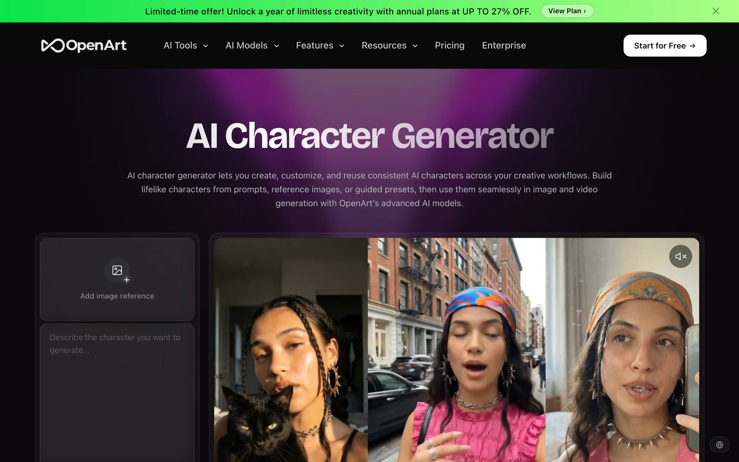 Best AI character creator for a cast: OpenArt's character page with a reference upload and three shots of one woman