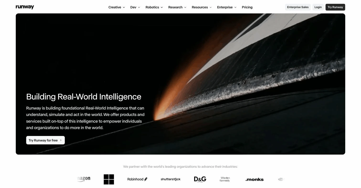 Character video maker Runway: homepage introducing its products, from creative tools to the developer API