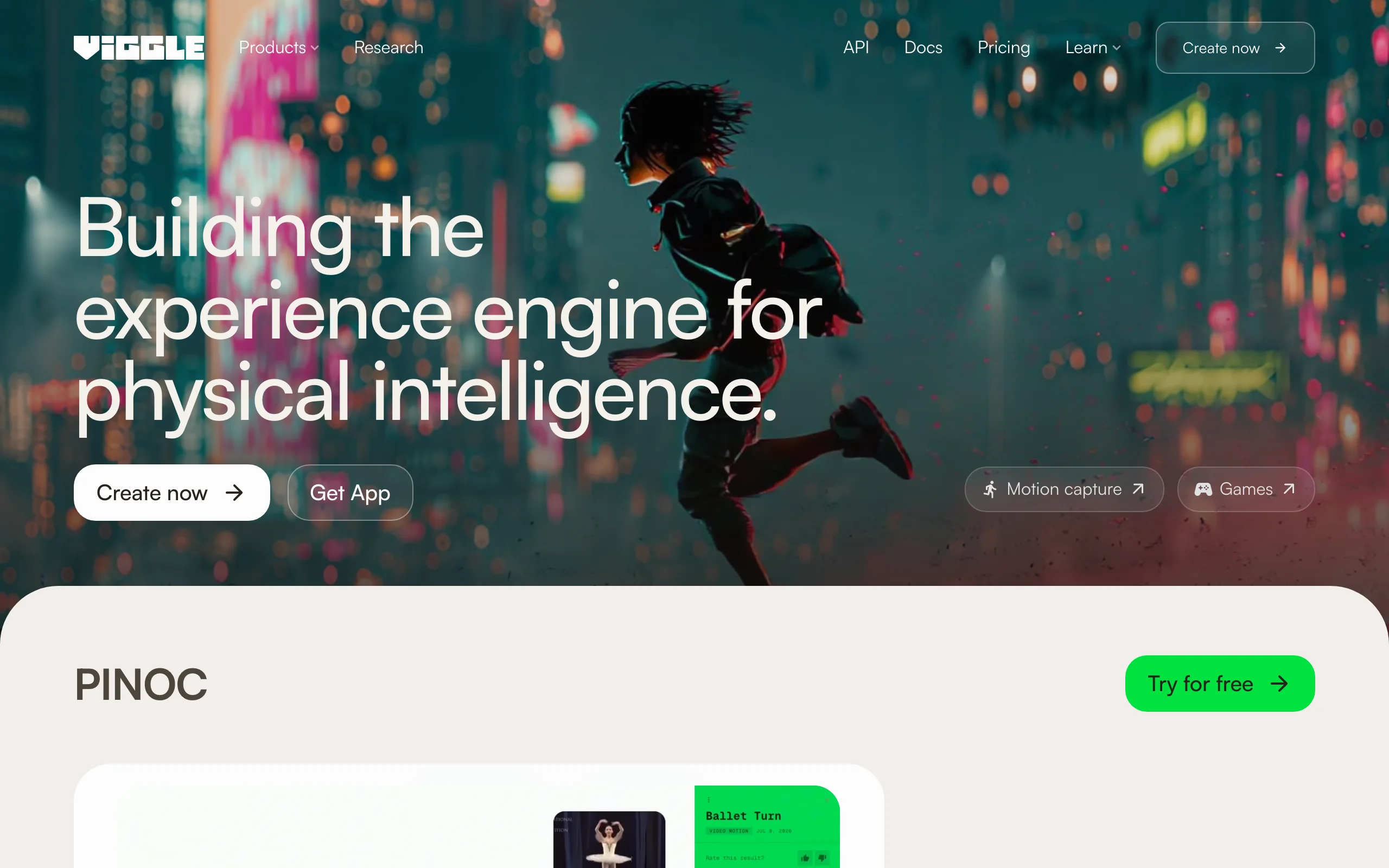 AI animated character generator Viggle: homepage with a dancer in motion and links to motion capture and games