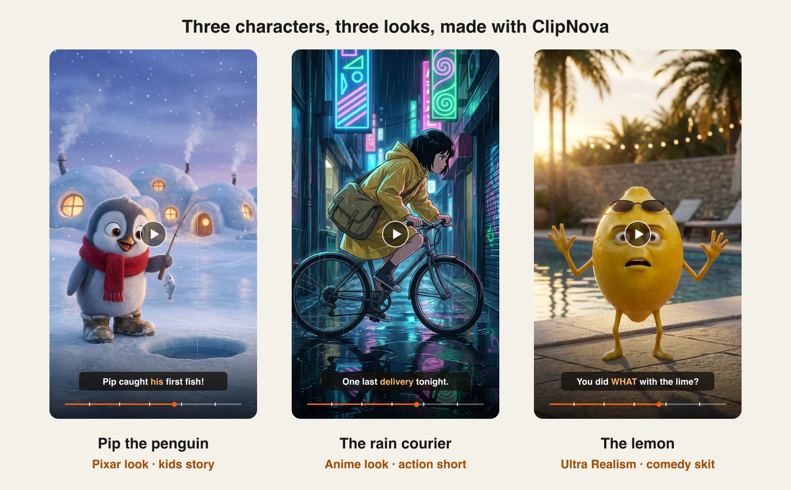 Animated character maker results in ClipNova: a Pixar style penguin, an anime bike courier, and an ultra realistic lemon character