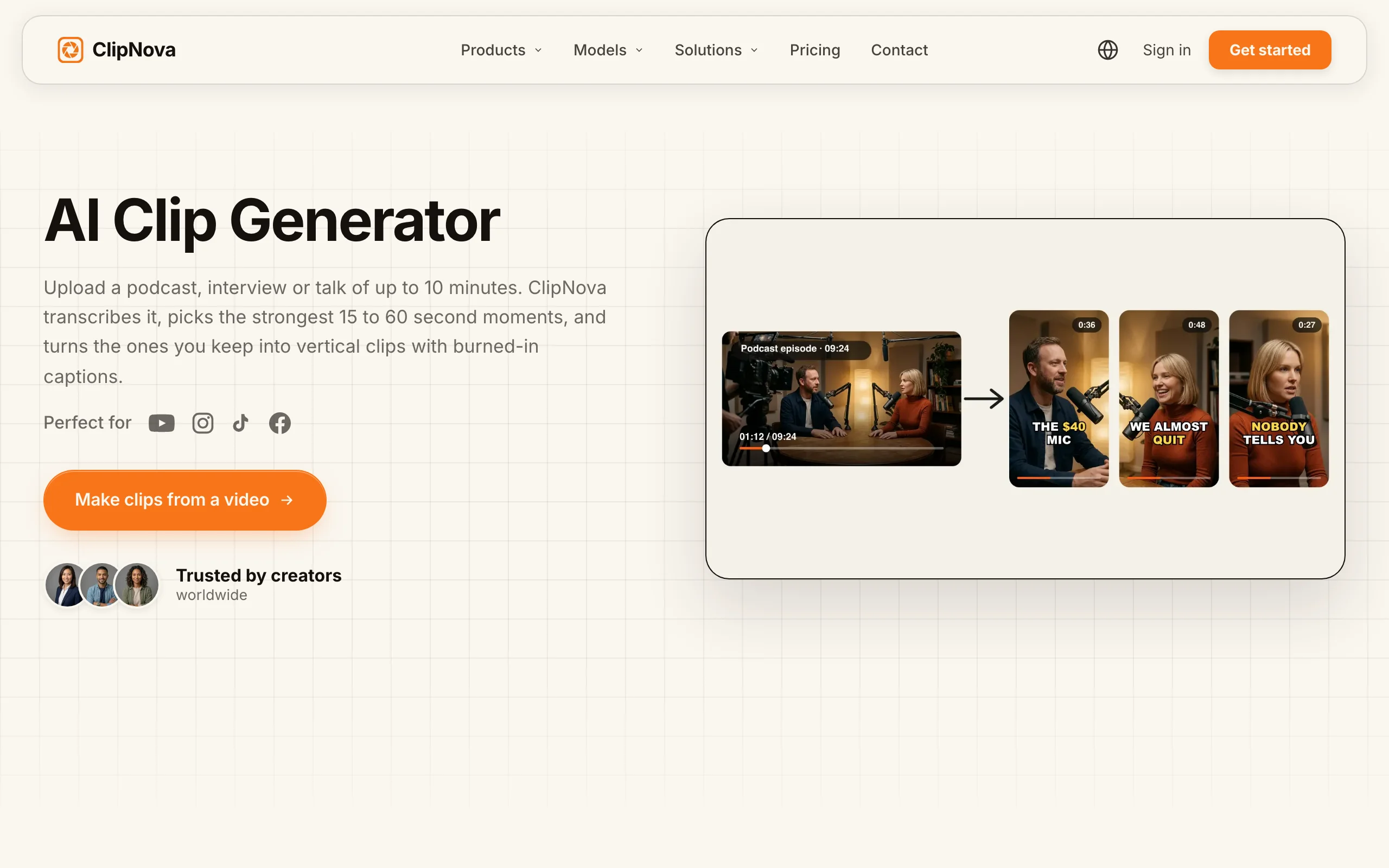 Best AI clip generator ClipNova, its page turning a podcast episode into captioned vertical clips