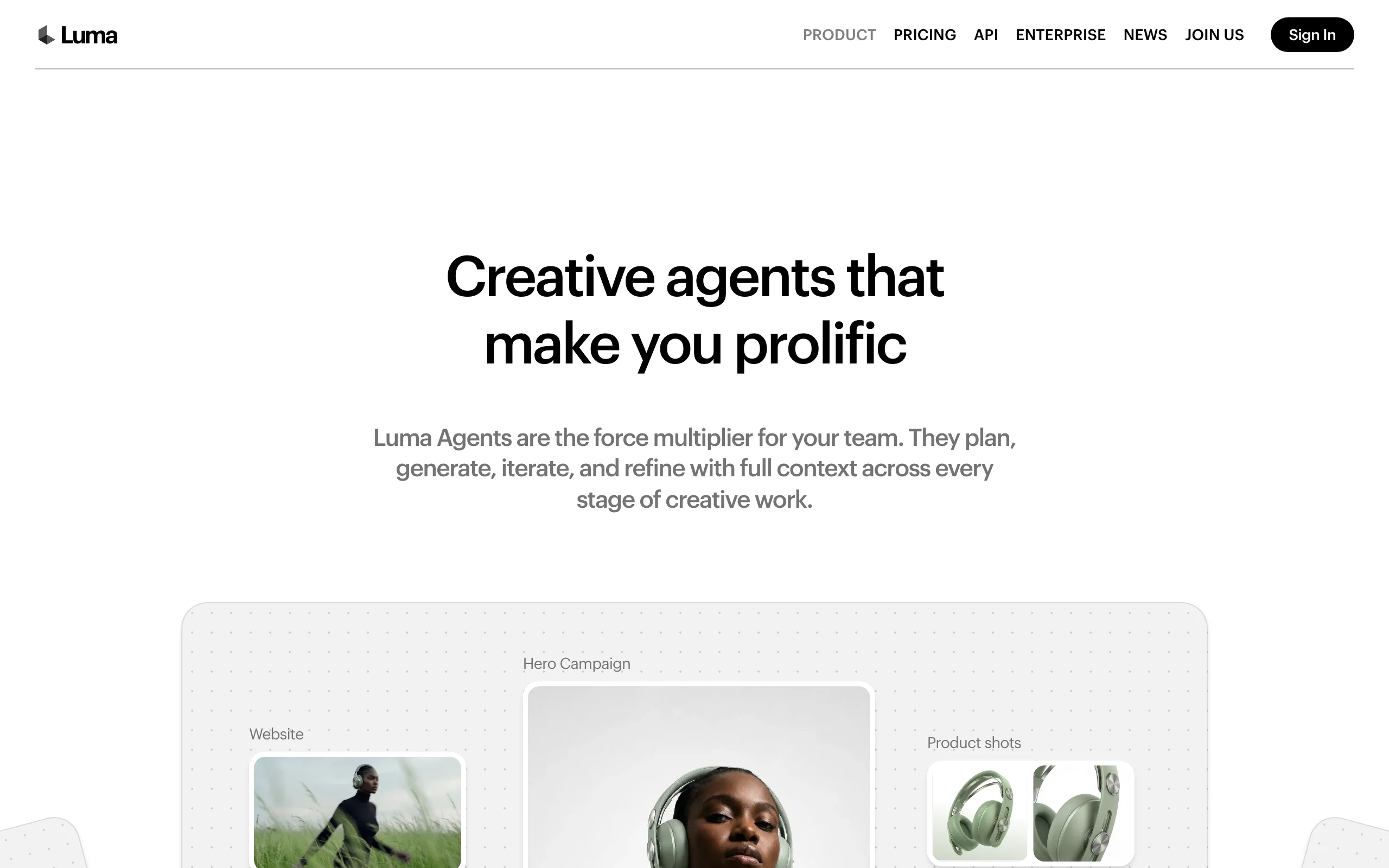 Luma homepage presenting Luma Agents with website, campaign and product shot examples