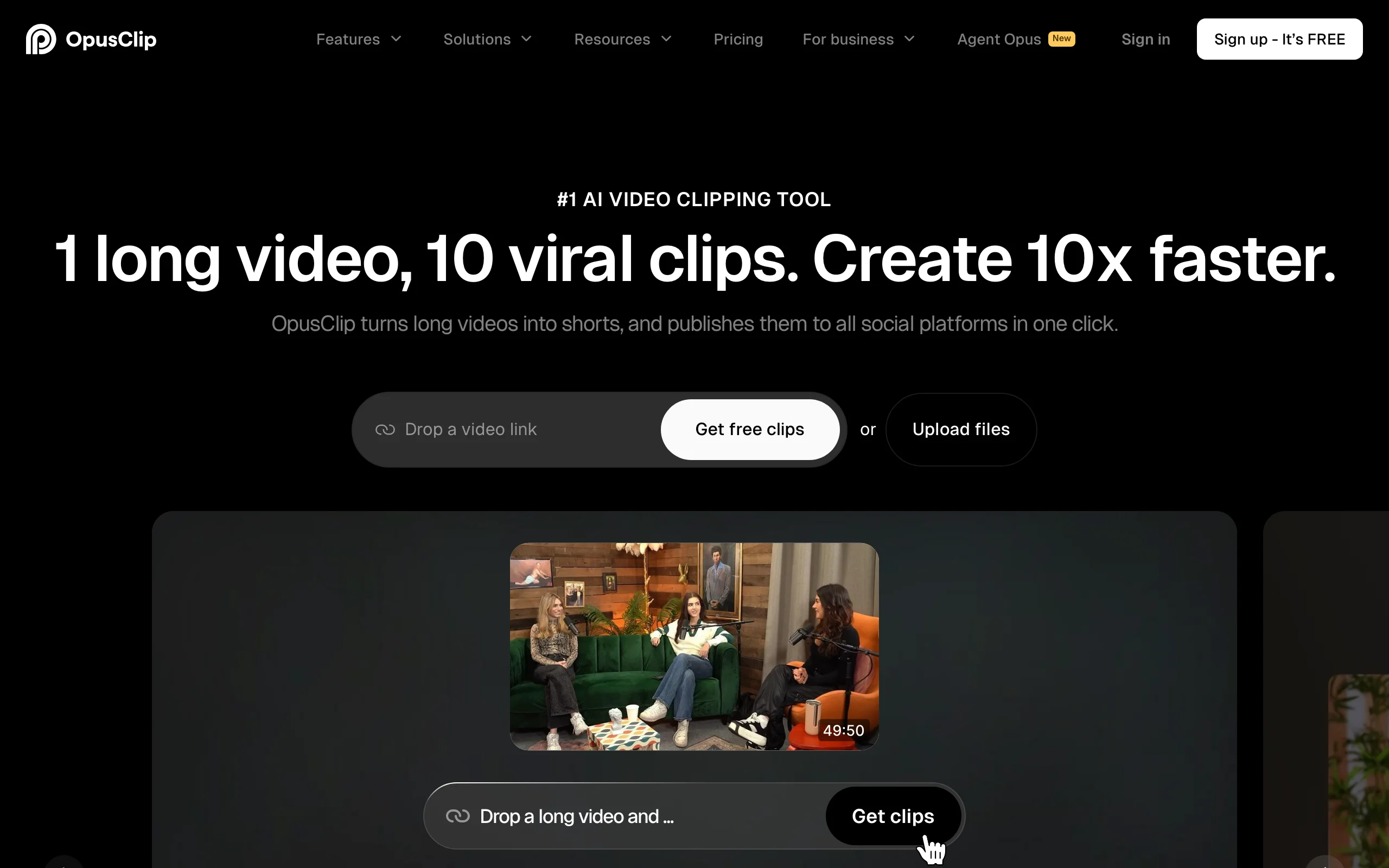 OpusClip homepage, an AI video clipping tool that turns one long video into viral clips