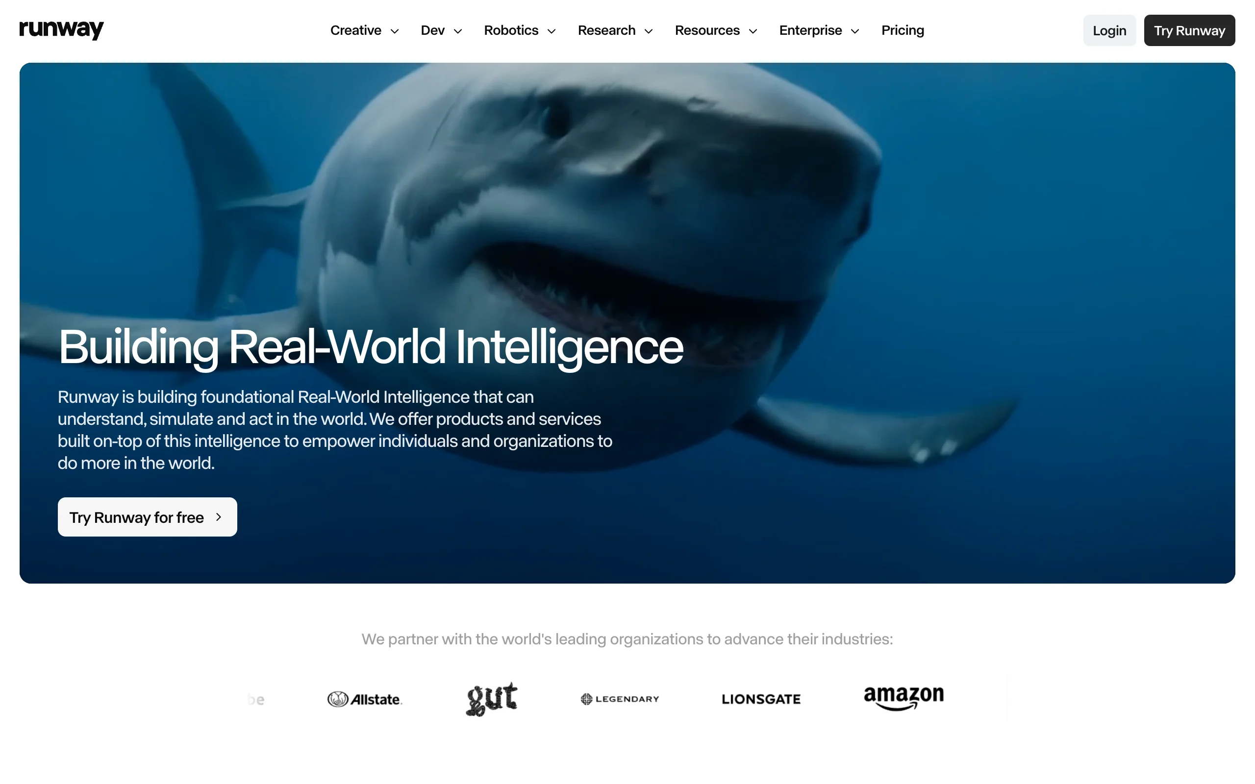 Runway homepage with a cinematic shark clip, a generator of raw AI video shots