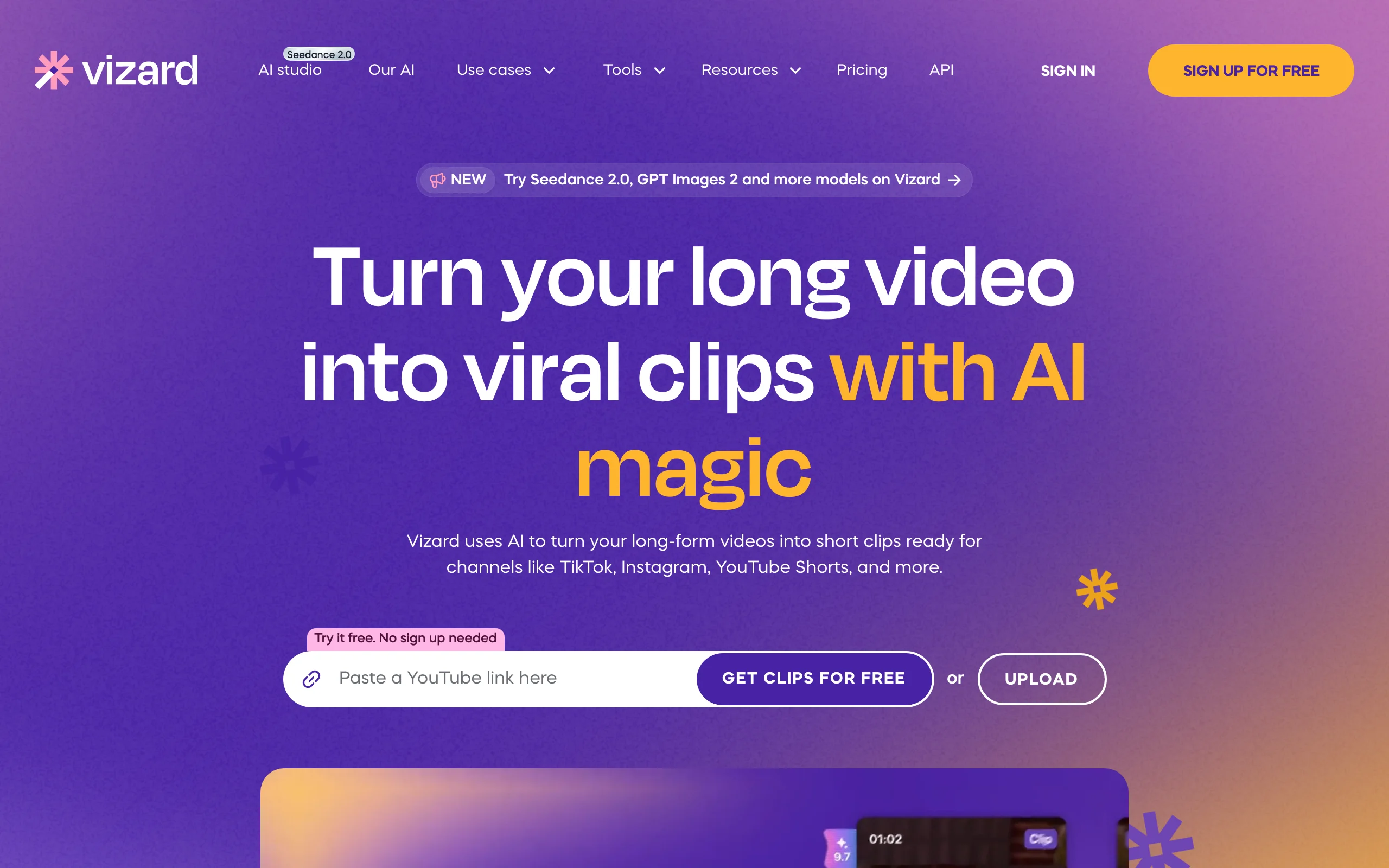 Vizard homepage for turning long videos into viral clips with AI from a YouTube link