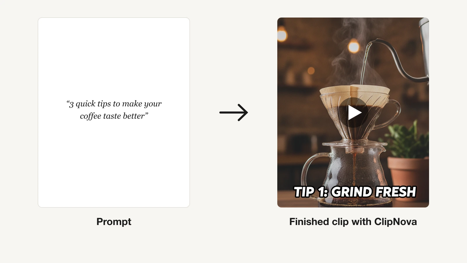 Best AI clip generator: a coffee tips prompt turned into a captioned vertical clip in ClipNova