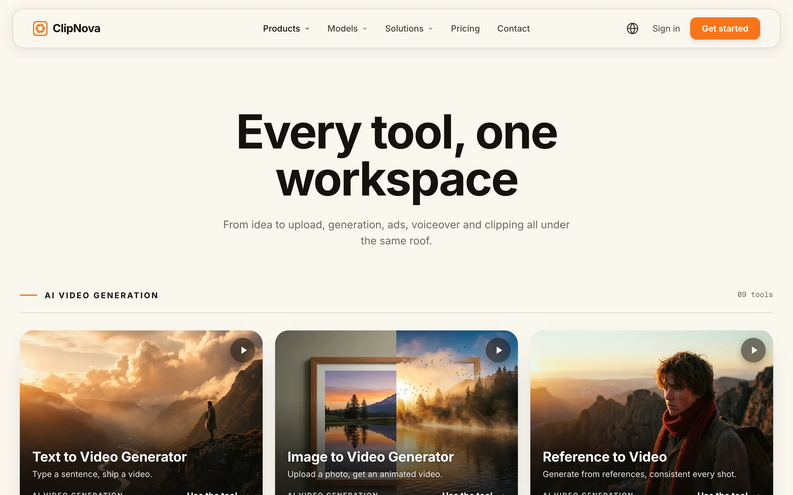 Best AI content generator ClipNova, its all-in-one workspace with text, image, and reference to video tools