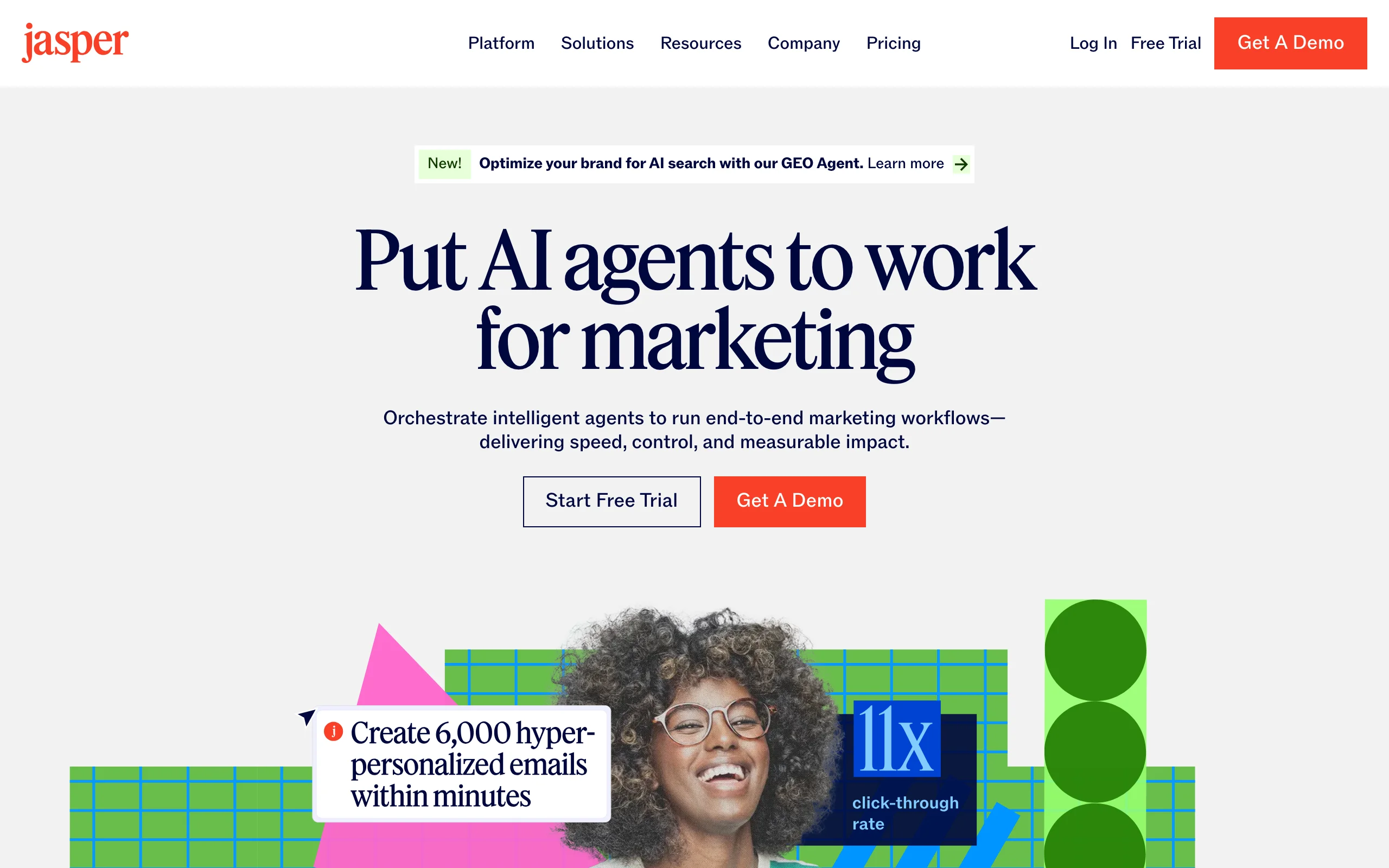 Jasper homepage promoting AI agents for marketing content workflows