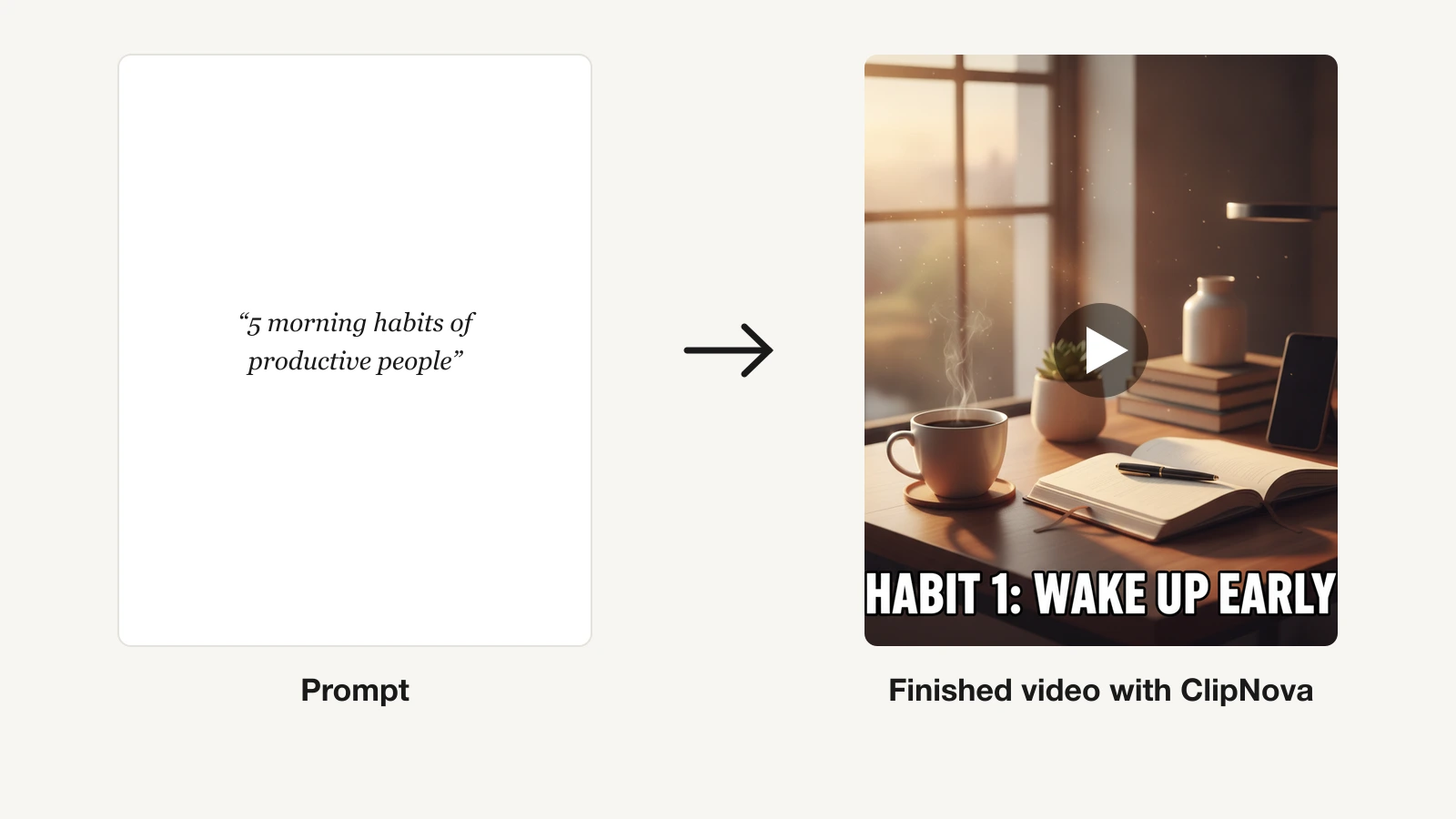 AI content generator: a morning habits prompt turned into a captioned vertical video with ClipNova