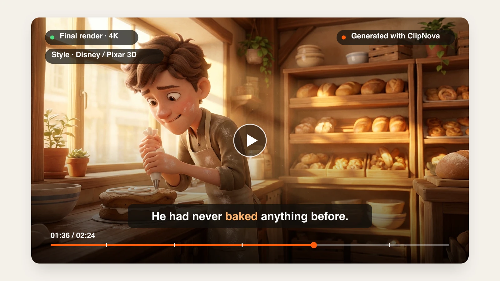AI Disney Pixar video generator: a 3D shy baker icing a cake in a warm bakery, rendered by ClipNova with a caption