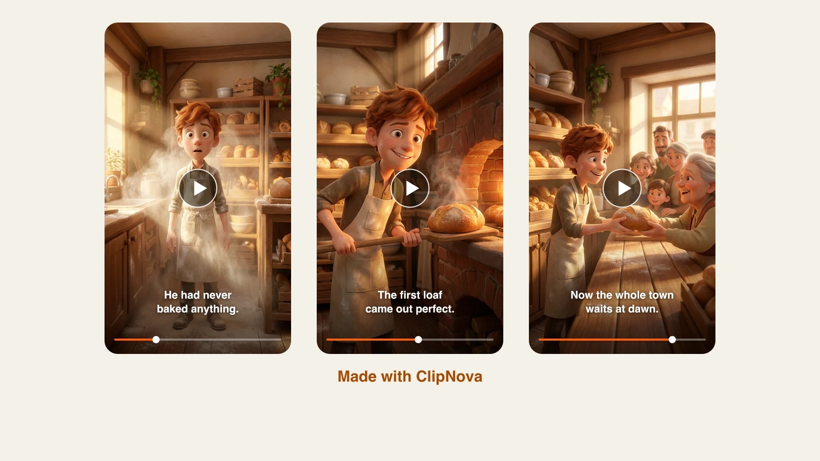 AI Disney Pixar video generator: Theo the young baker, flour everywhere, his first loaf and a line of villagers, three scenes made with ClipNova