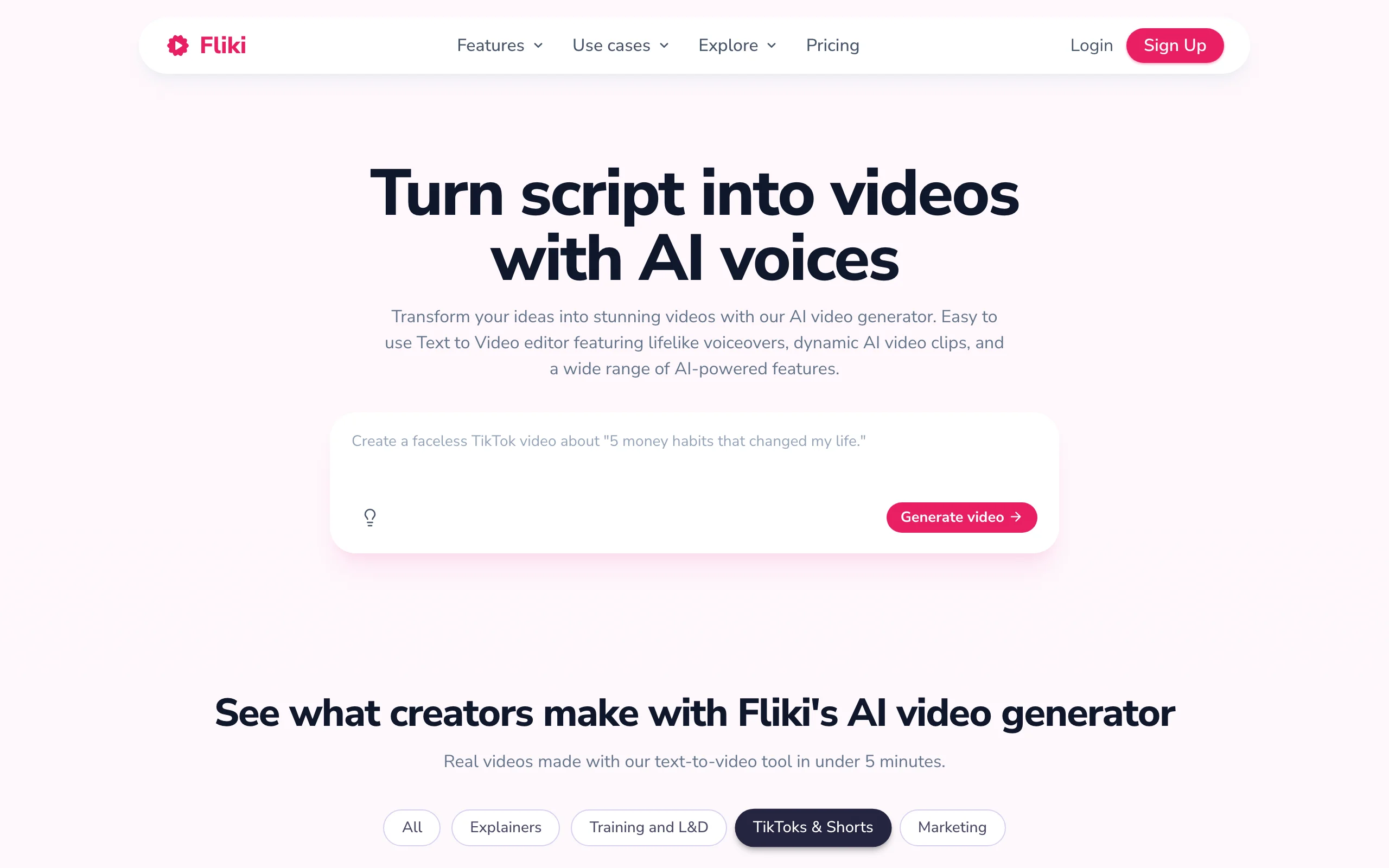 Fliki homepage, a script to explainer video tool with AI voices