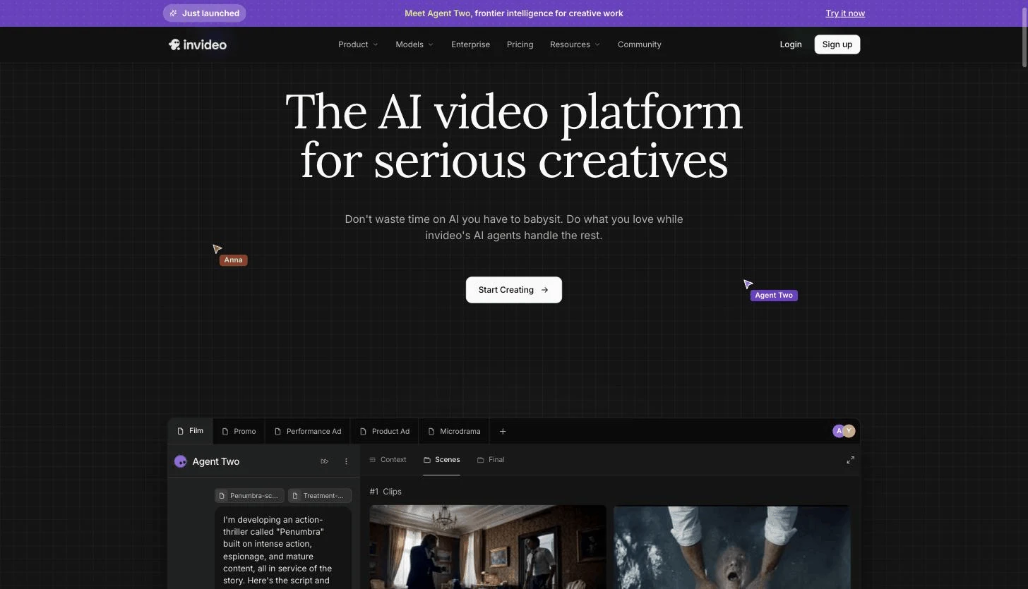 InVideo AI homepage with Agent Two building scenes for an action thriller script