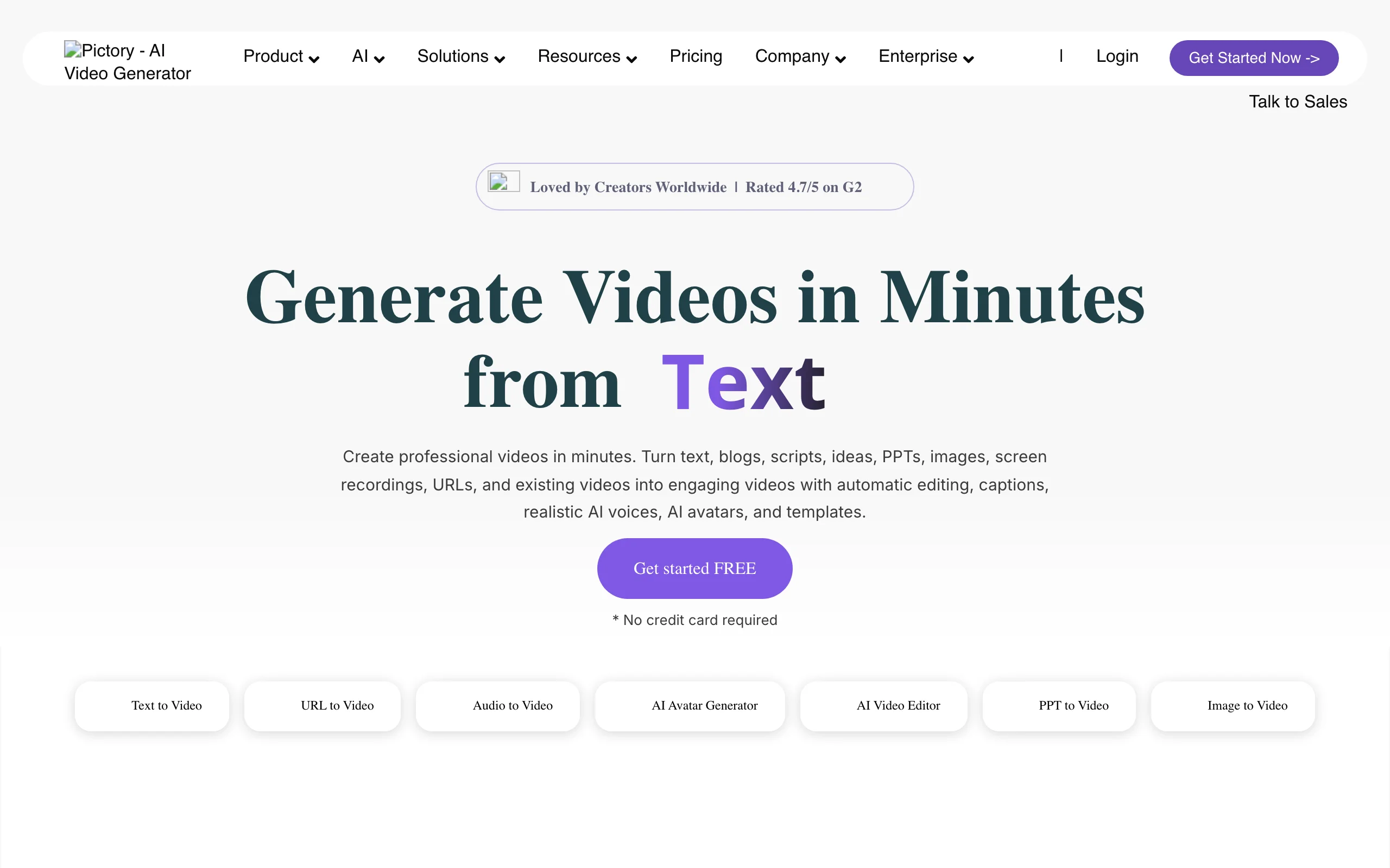 Pictory homepage for generating videos from text, scripts, URLs and slides