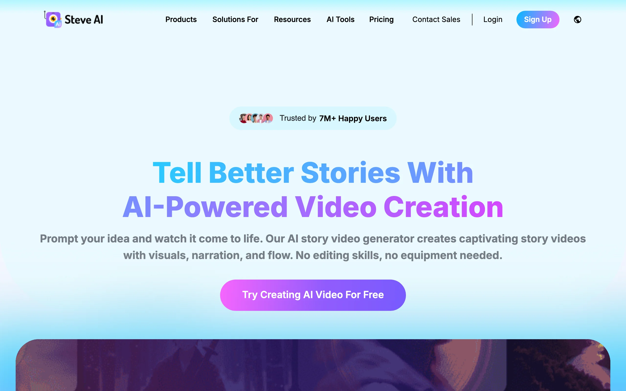 Steve AI homepage, a budget animated explainer video software for story videos
