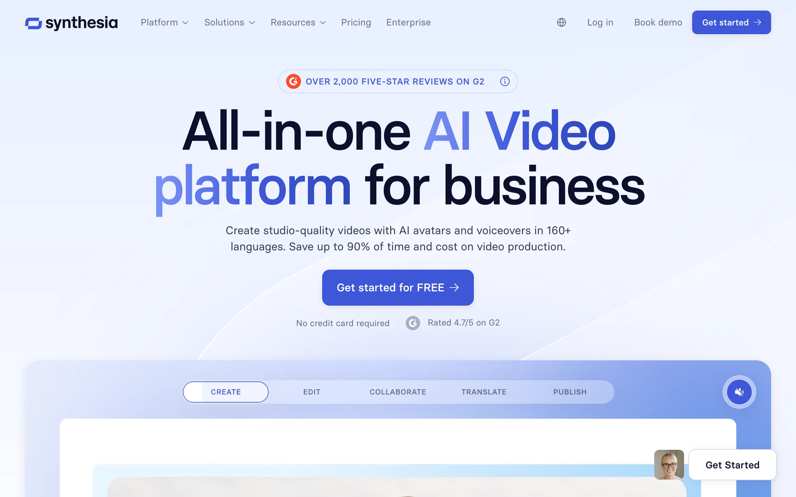 Synthesia homepage, an AI avatar explainer video maker for business training