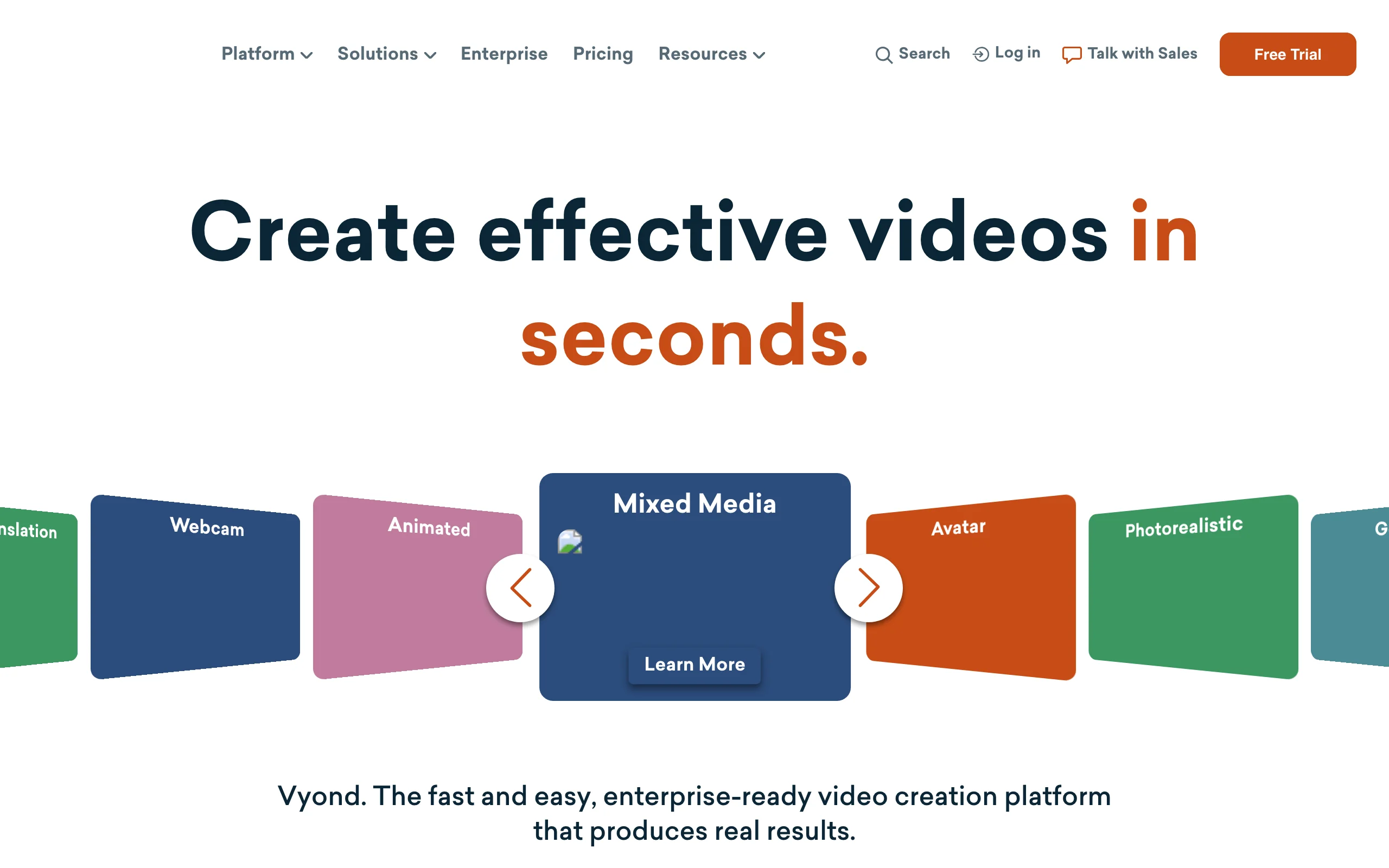 Vyond homepage with Animated, Avatar and Mixed Media styles for animated explainer videos