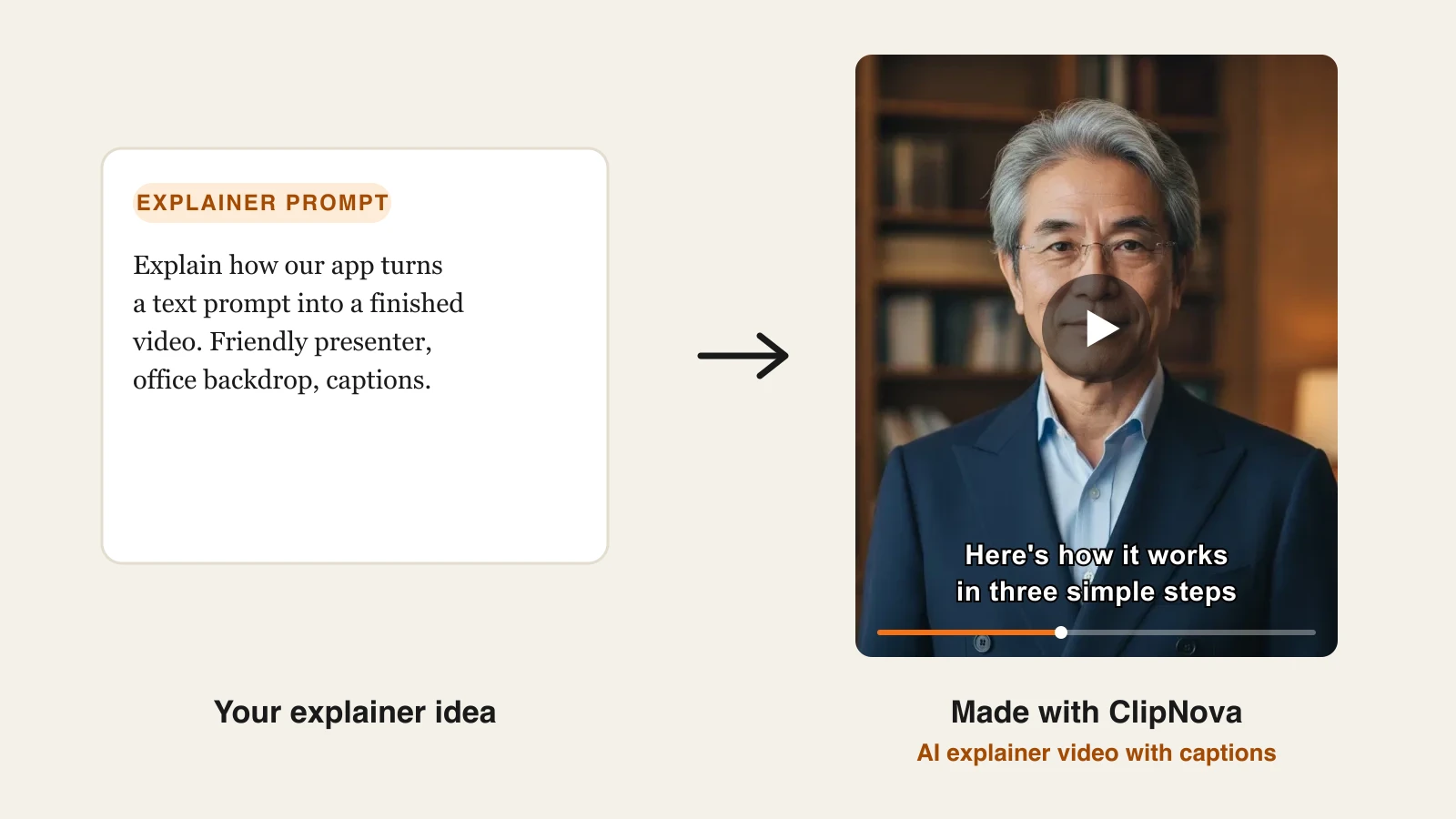 AI explainer video generator: an app explainer prompt turned into a captioned presenter video with ClipNova