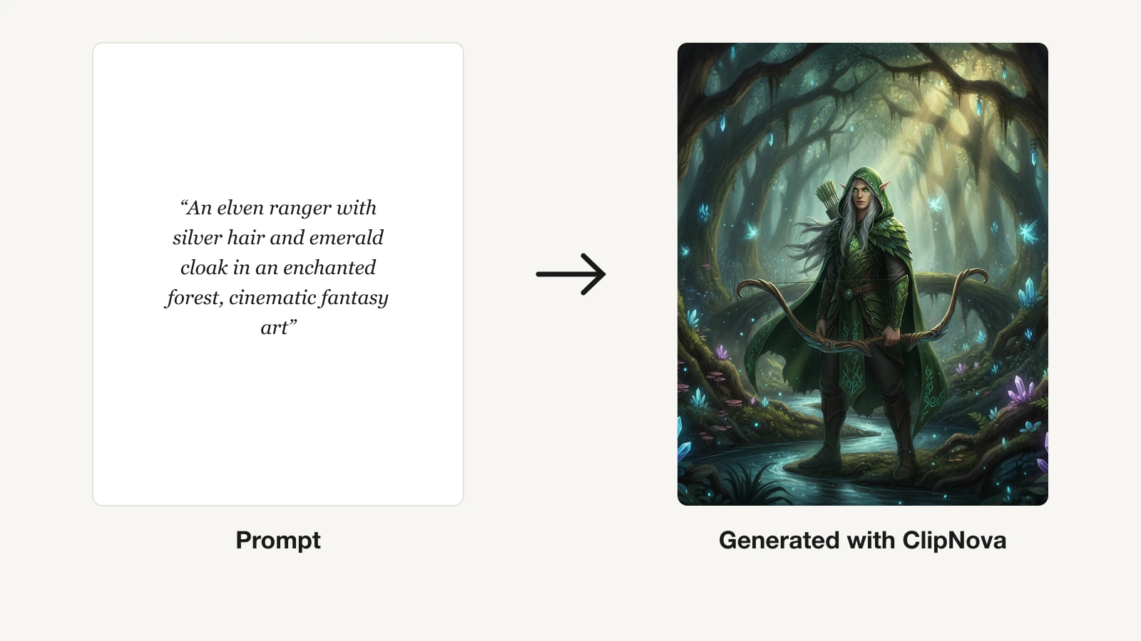 Fantasy character AI generator example in ClipNova: an elven ranger prompt next to the finished forest character art