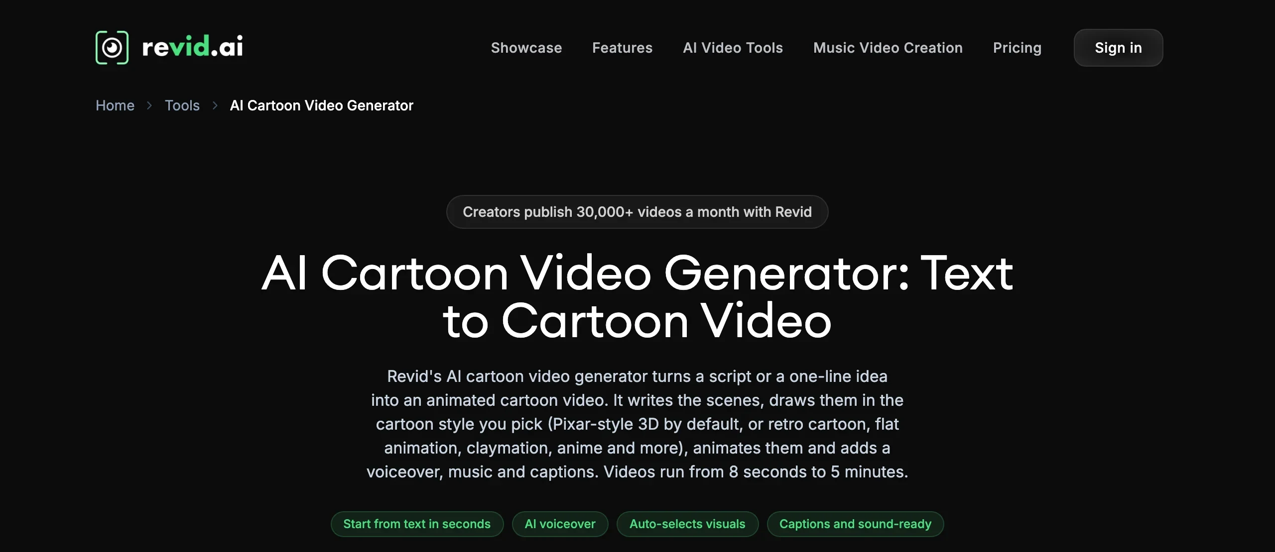 Best AI tool for a kids cartoon series Revid: AI cartoon video generator page