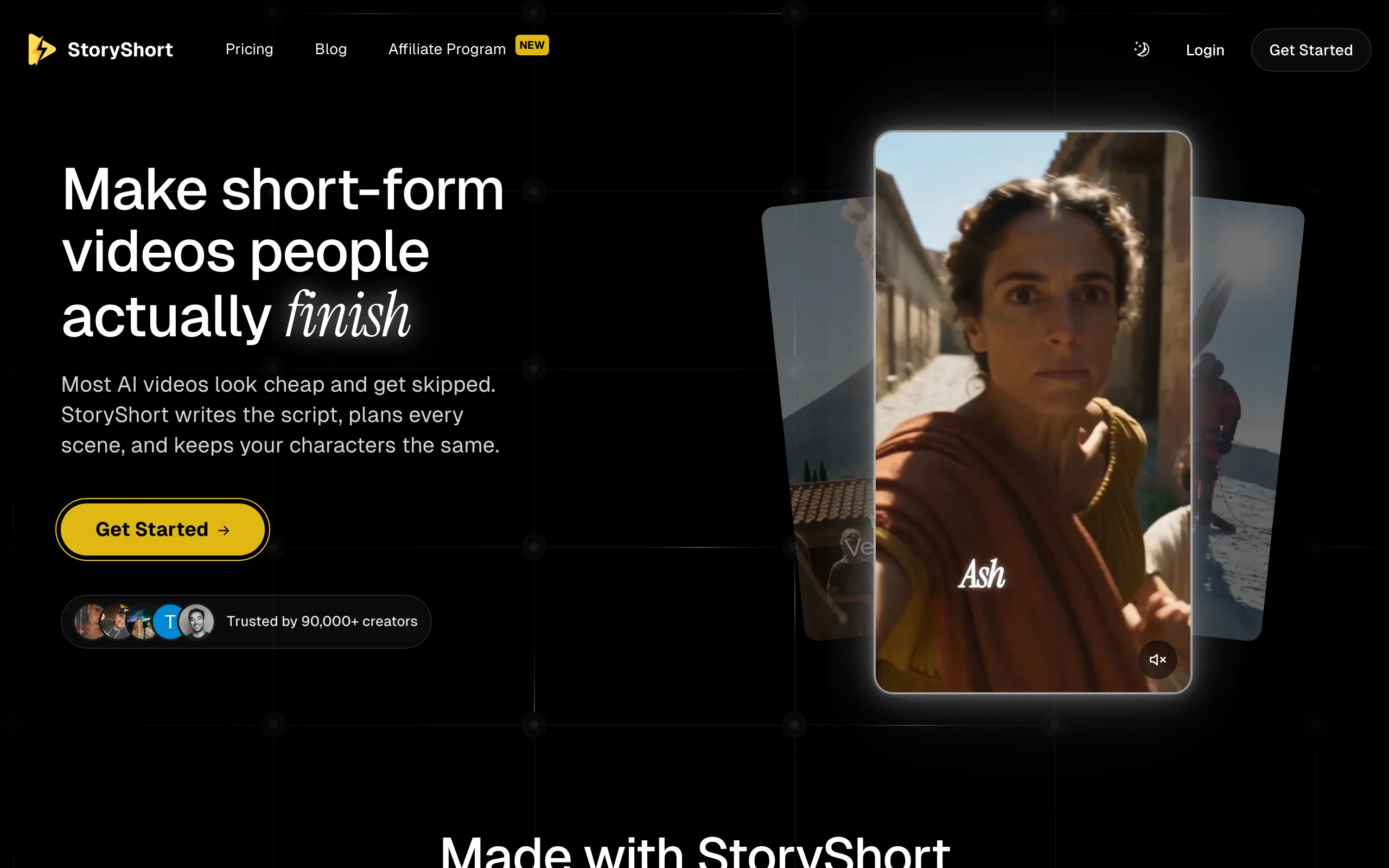 Kids cartoon series maker StoryShort: homepage promising consistent characters across scenes