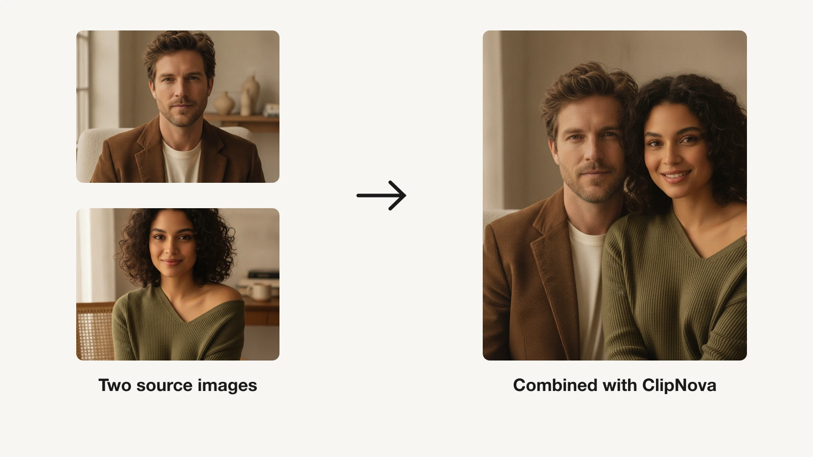 AI image combiner: two separate portraits of a man and a woman merged into one couple photo with ClipNova