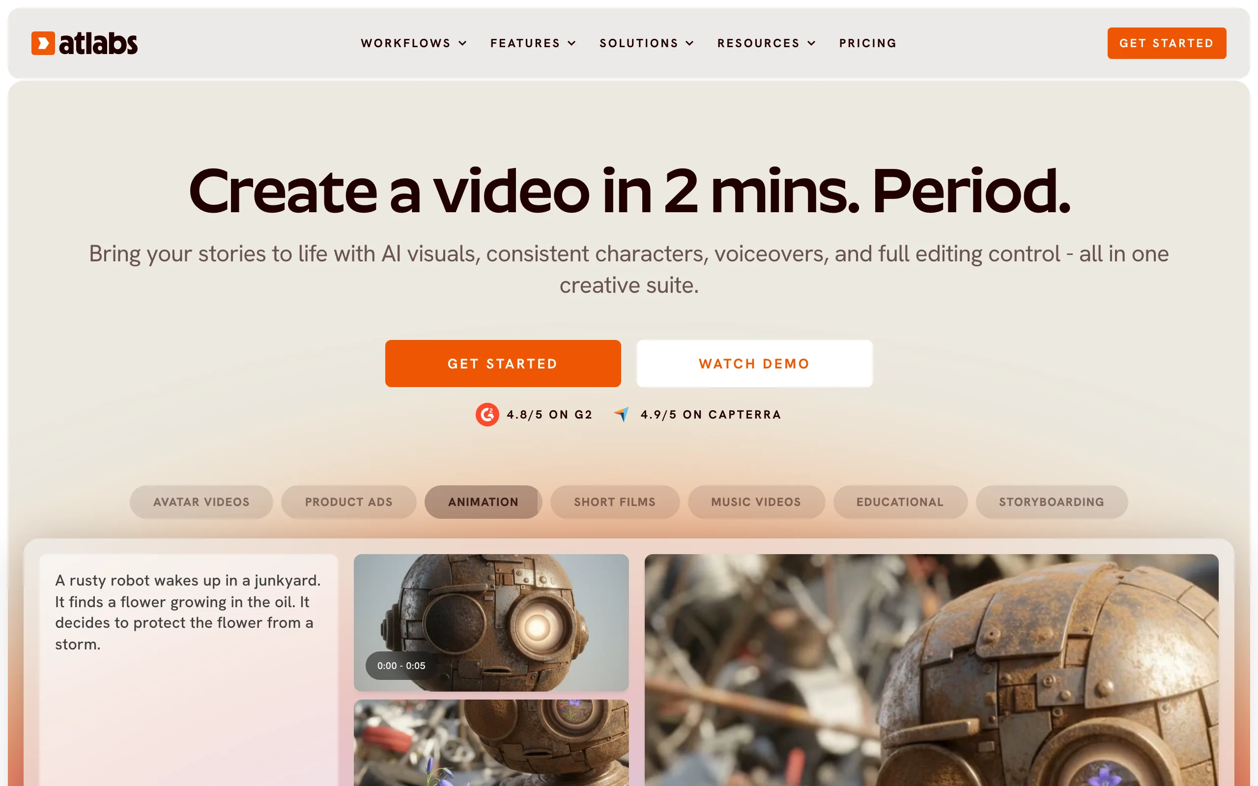 Atlabs AI video maker homepage with Animation and Educational workflow tabs