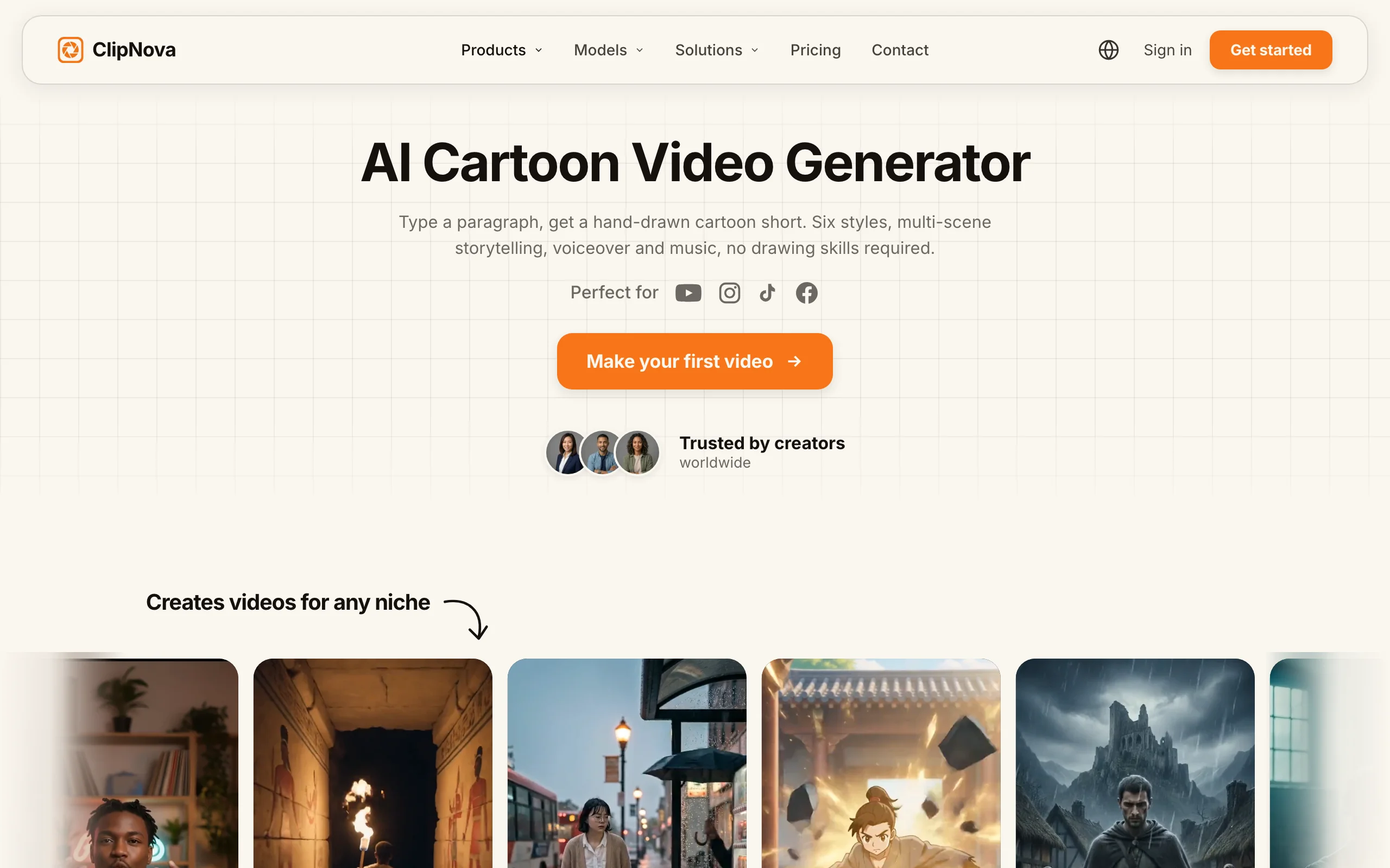 AI kids video generator ClipNova, its AI cartoon video generator page with example clips