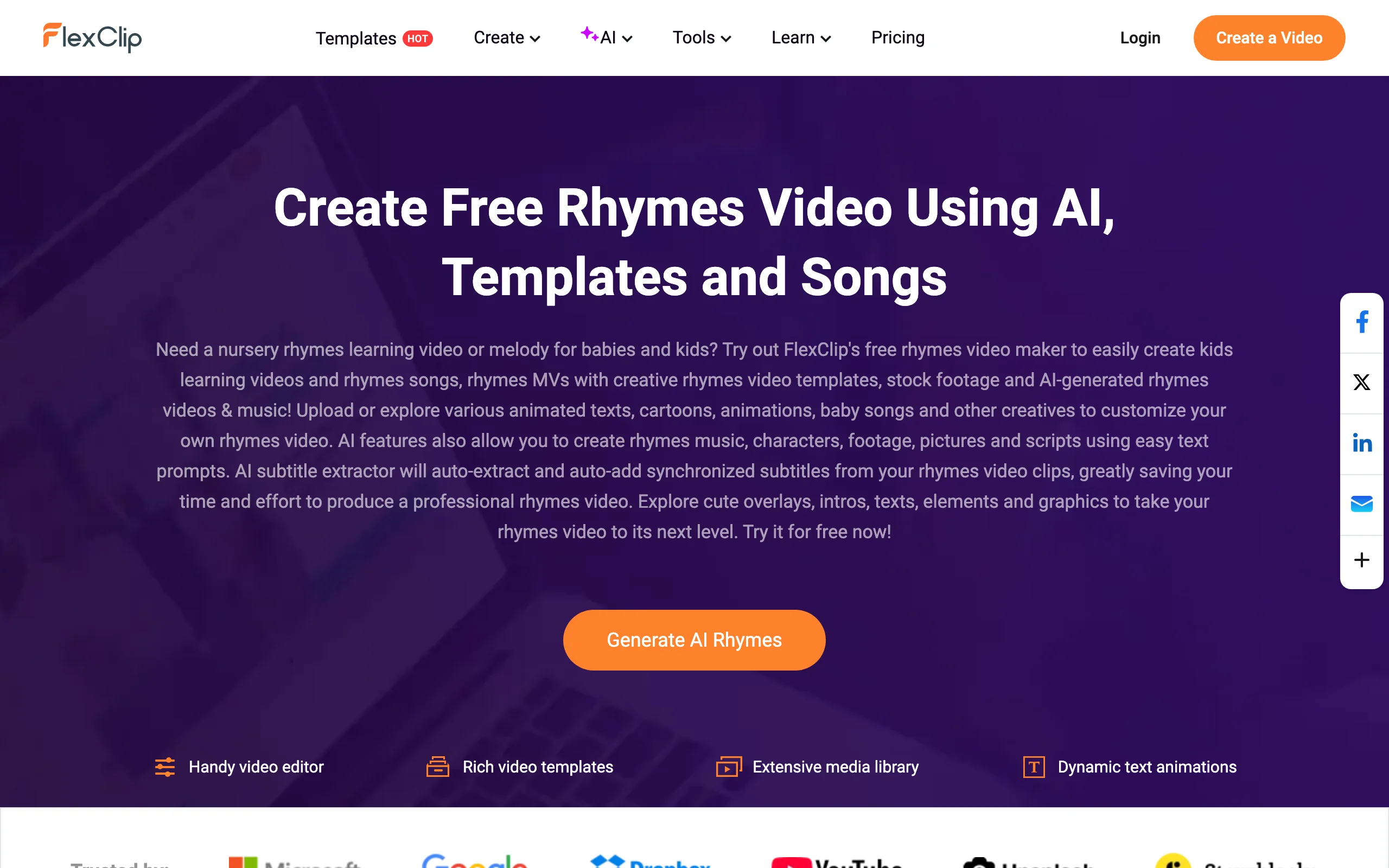 FlexClip AI rhymes video maker page with nursery rhyme templates and songs