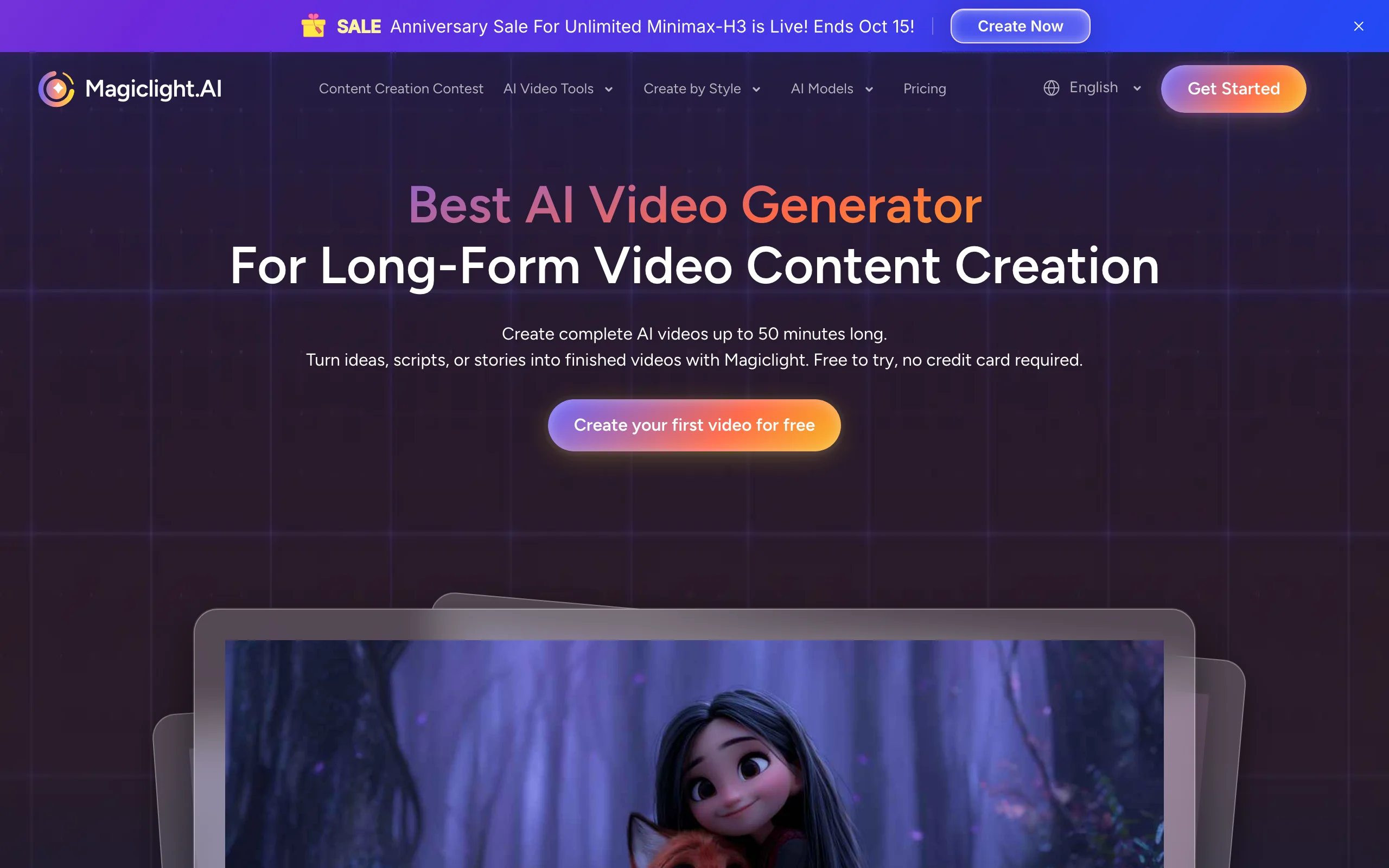 MagicLight AI homepage advertising long-form AI story videos up to 50 minutes