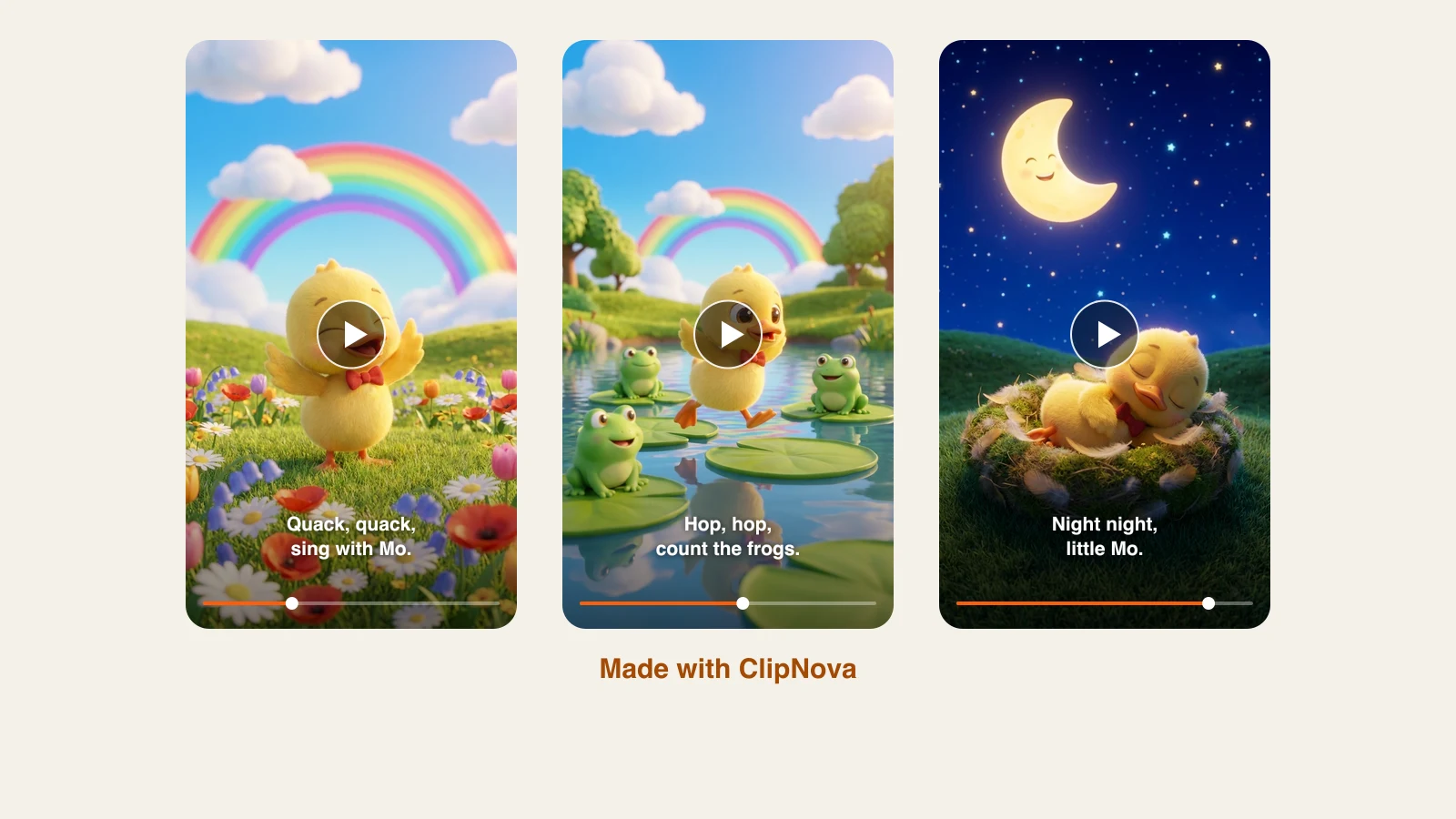AI kids video generator: Mo the duckling singing, hopping with frogs and asleep under the stars, three scenes made with ClipNova