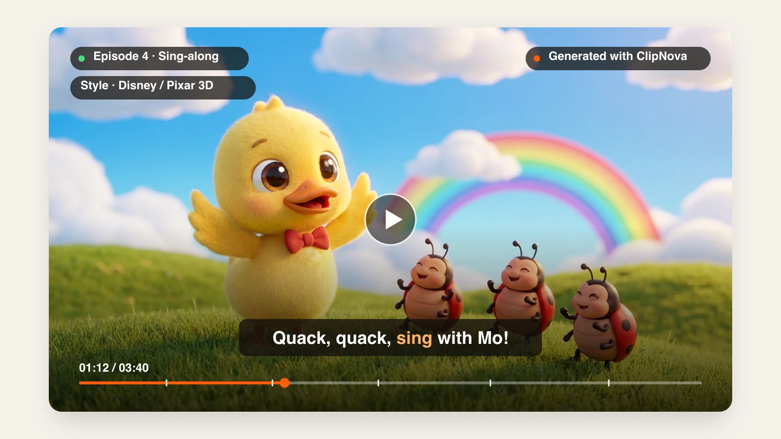 AI kids video generator: a Pixar-style 3D duckling singing with dancing ladybugs under a rainbow, made with ClipNova