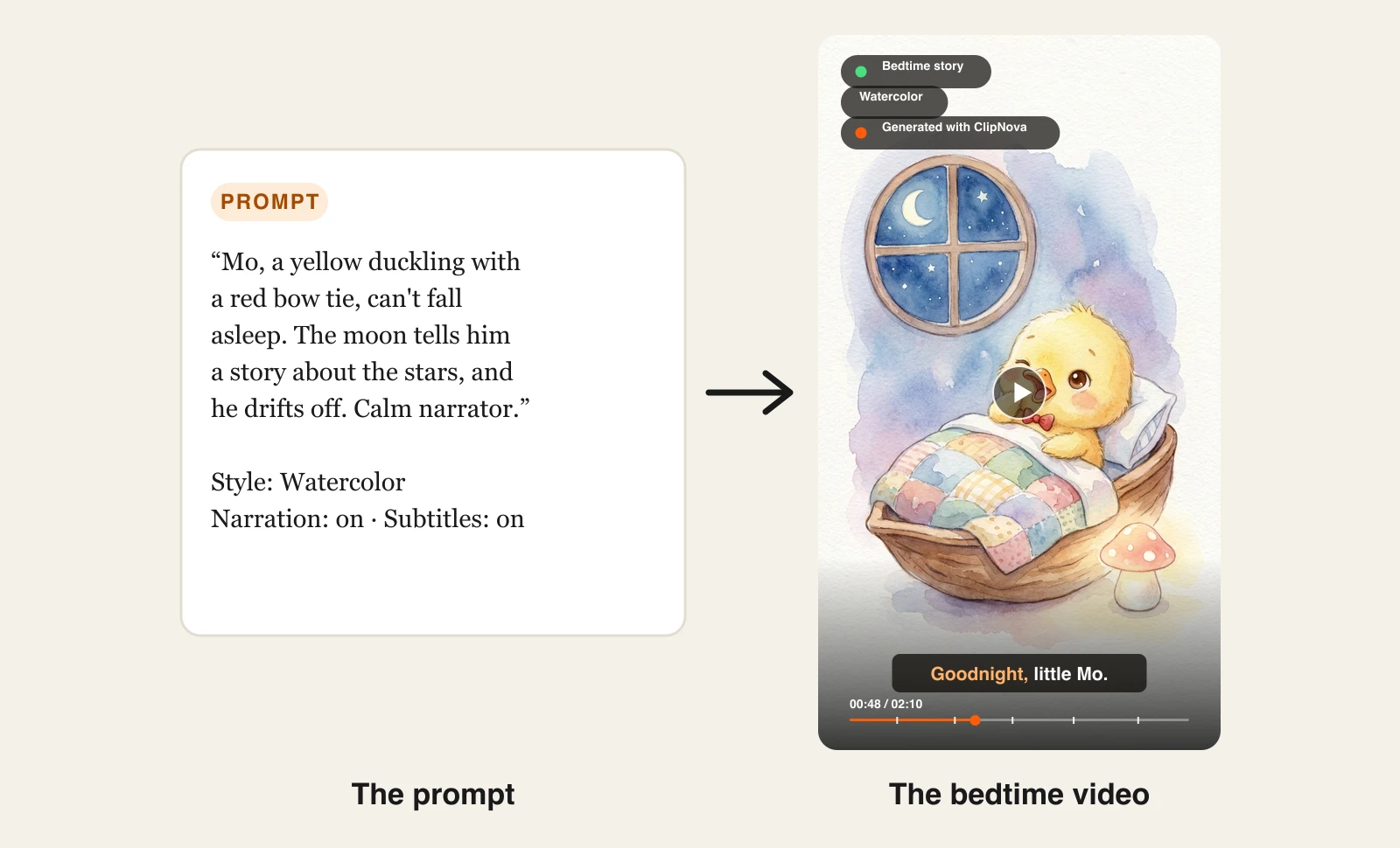 Watercolor bedtime story for kids in ClipNova: a sleepy duckling prompt next to the finished vertical video