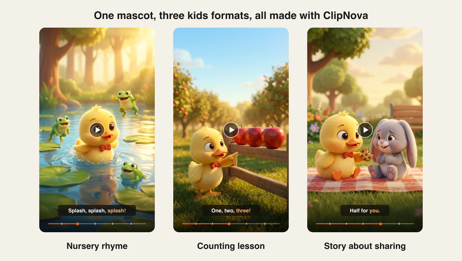 One kids cartoon mascot made with ClipNova in three formats: a nursery rhyme, a counting lesson and a sharing story