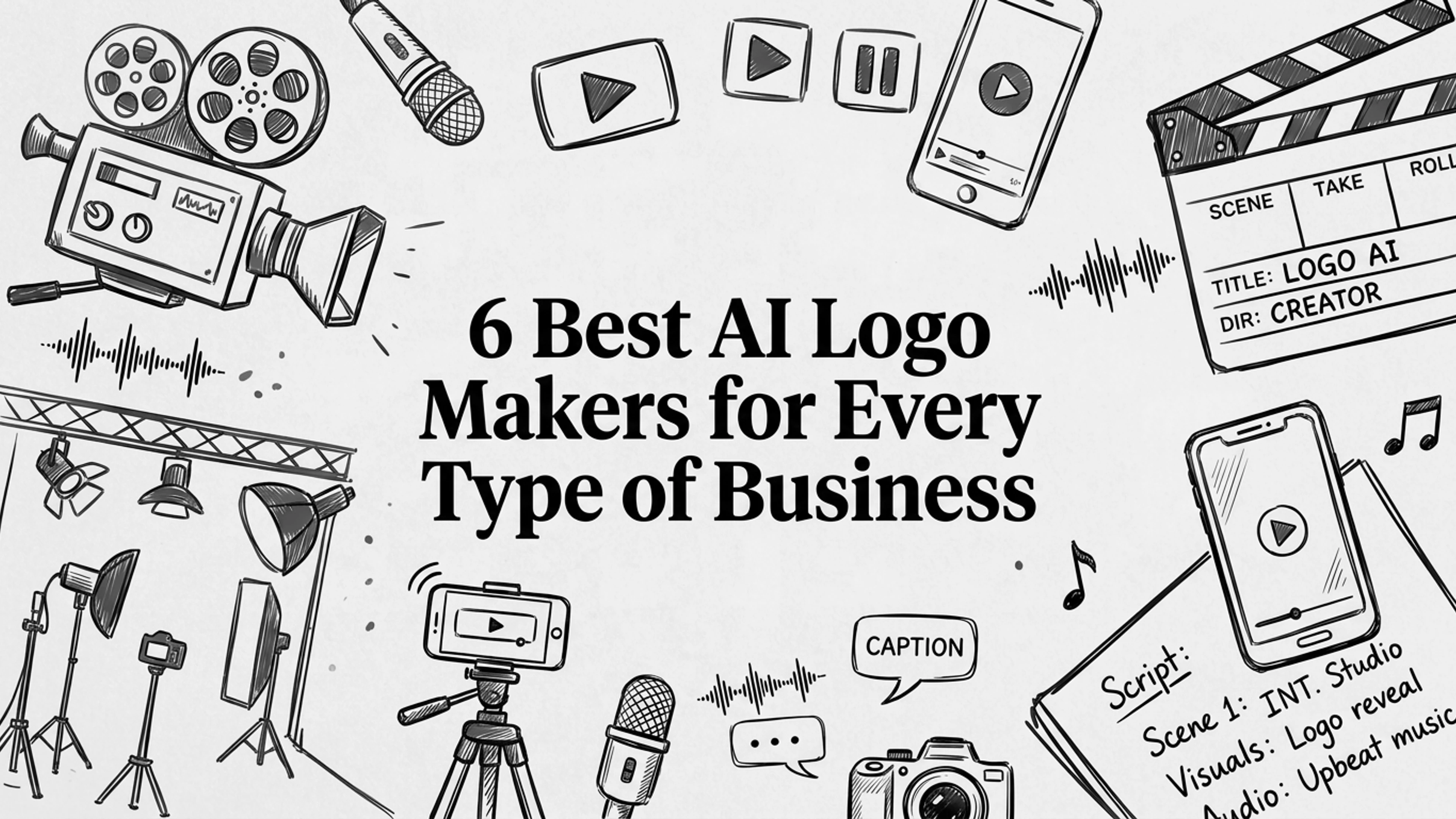 Hand-drawn black and white illustration with the title 6 Best AI Logo Makers for Every Type of Business