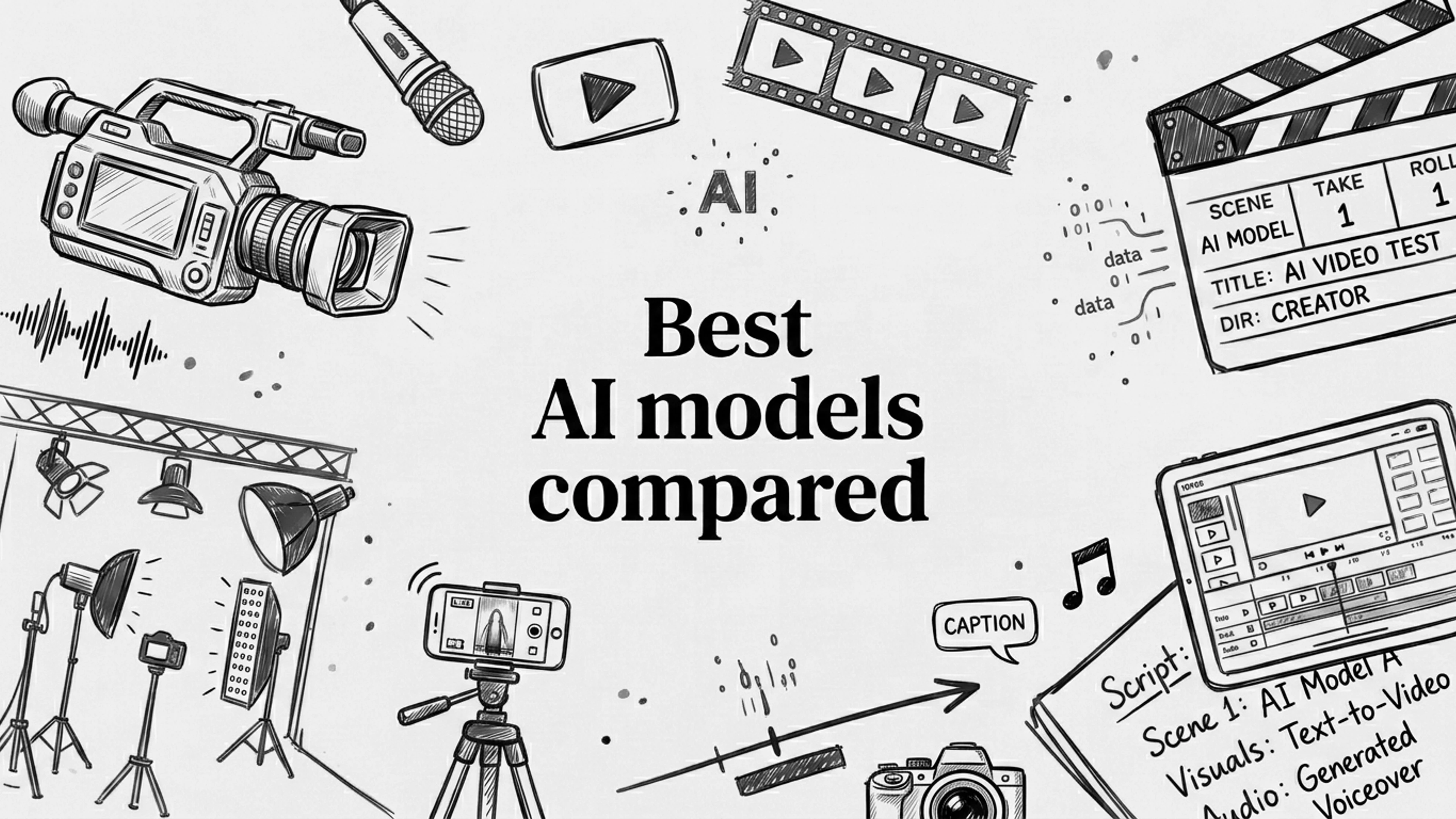 Best AI models compared: a pencil sketch of cameras, a clapperboard and a script around the article title