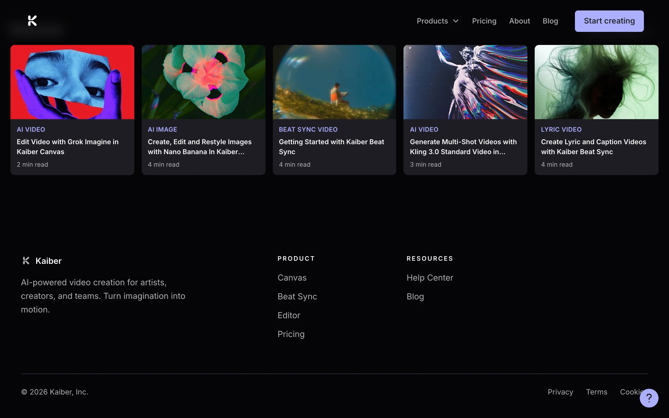 Kaiber site with Beat Sync and lyric video guides, an AI music video maker for artists