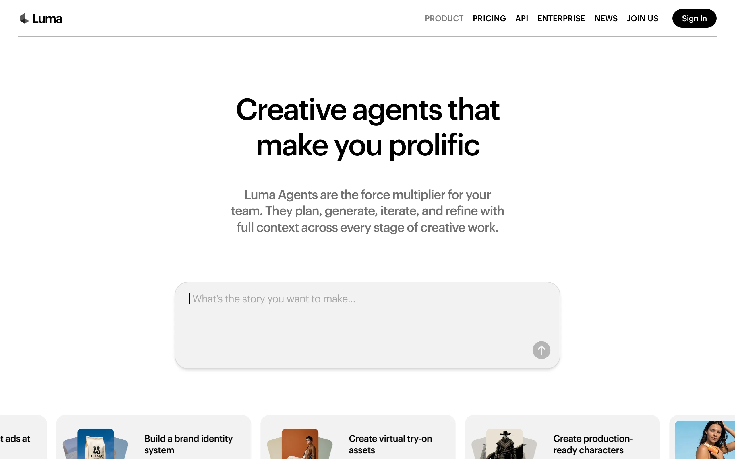 Luma homepage with a story prompt box for image to video animation