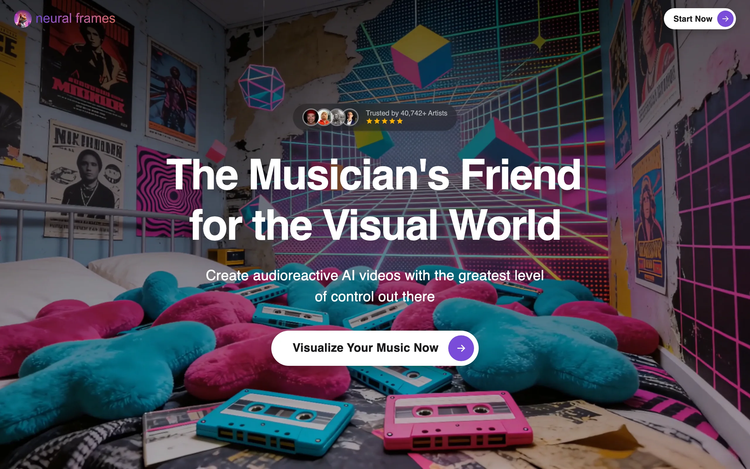 Neural Frames homepage, an audio reactive music video maker for musicians