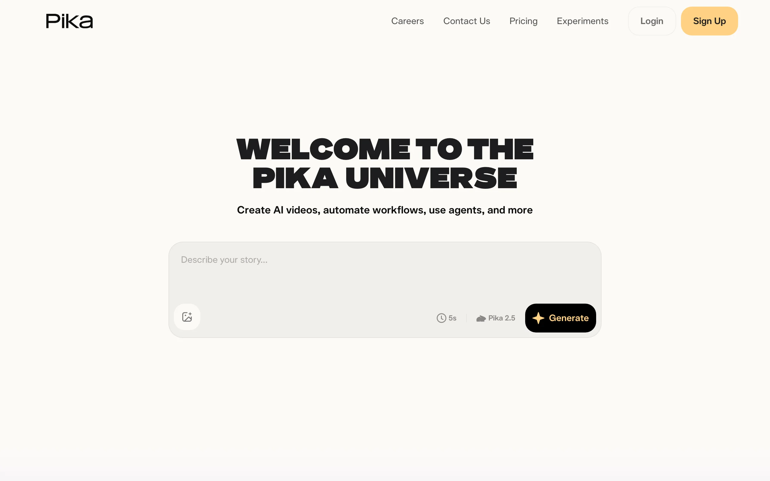 Pika homepage with a story prompt and Pika 2.5 model for quick effect clips