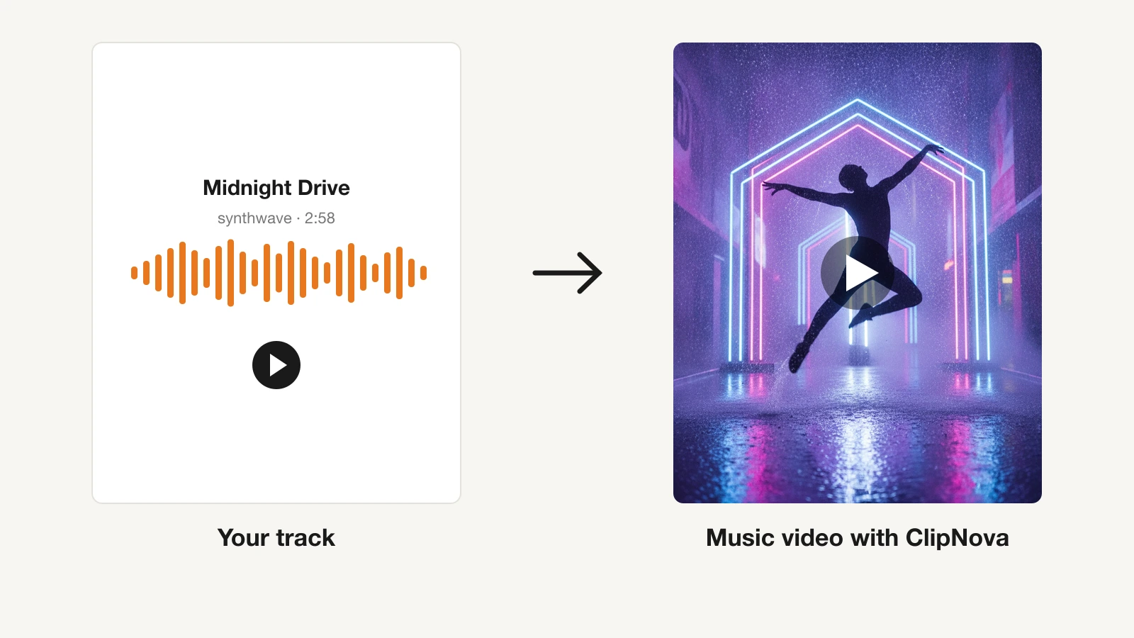 Best AI music video generators: a synthwave track called Midnight Drive turned into a neon dancer video in ClipNova