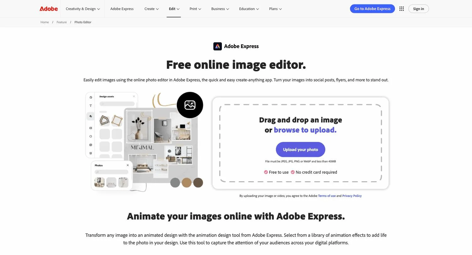 Adobe Express online image editor page with drag-and-drop upload and Firefly editing