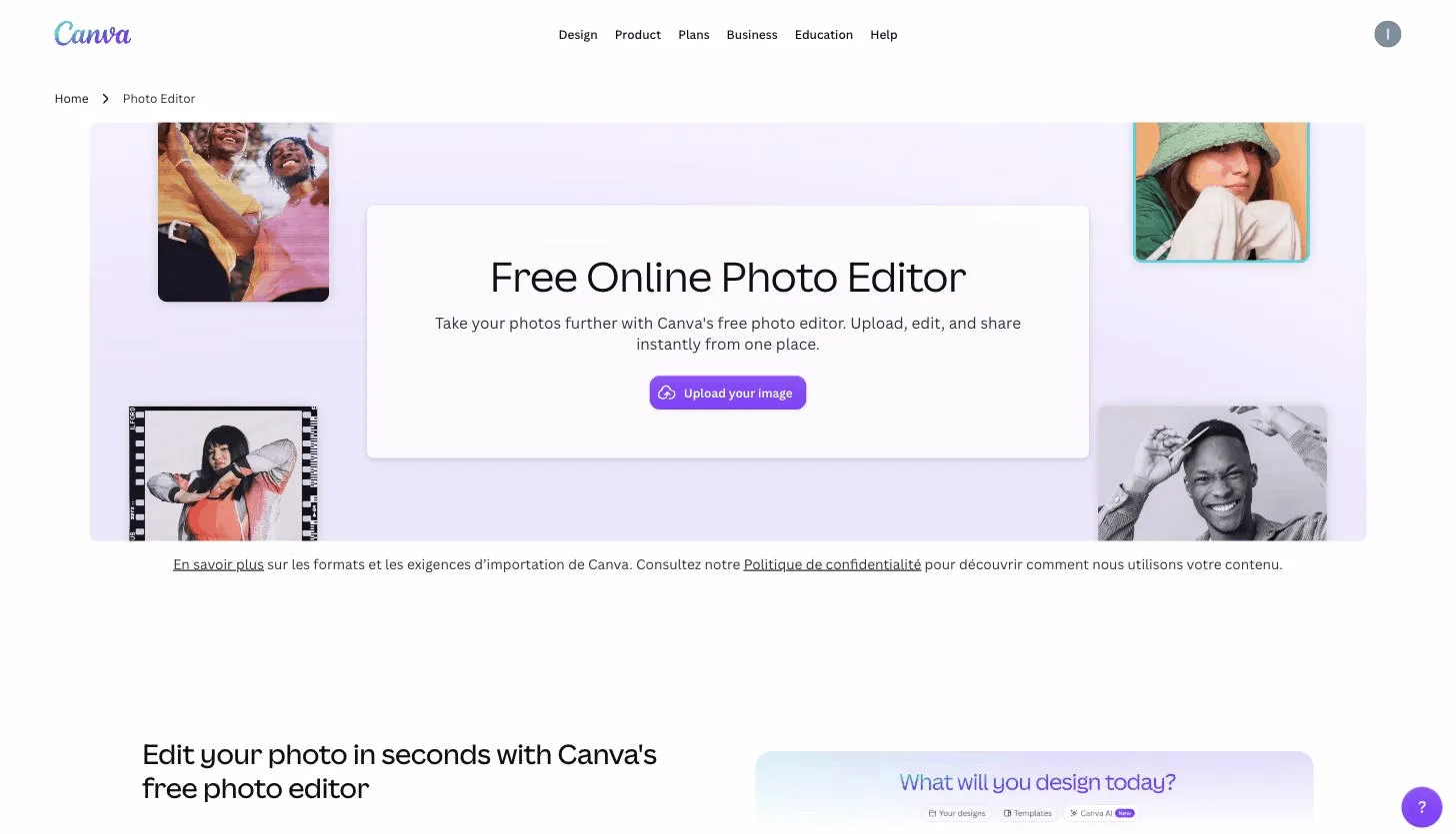 Canva photo editor page, an AI image editor for small teams that also design