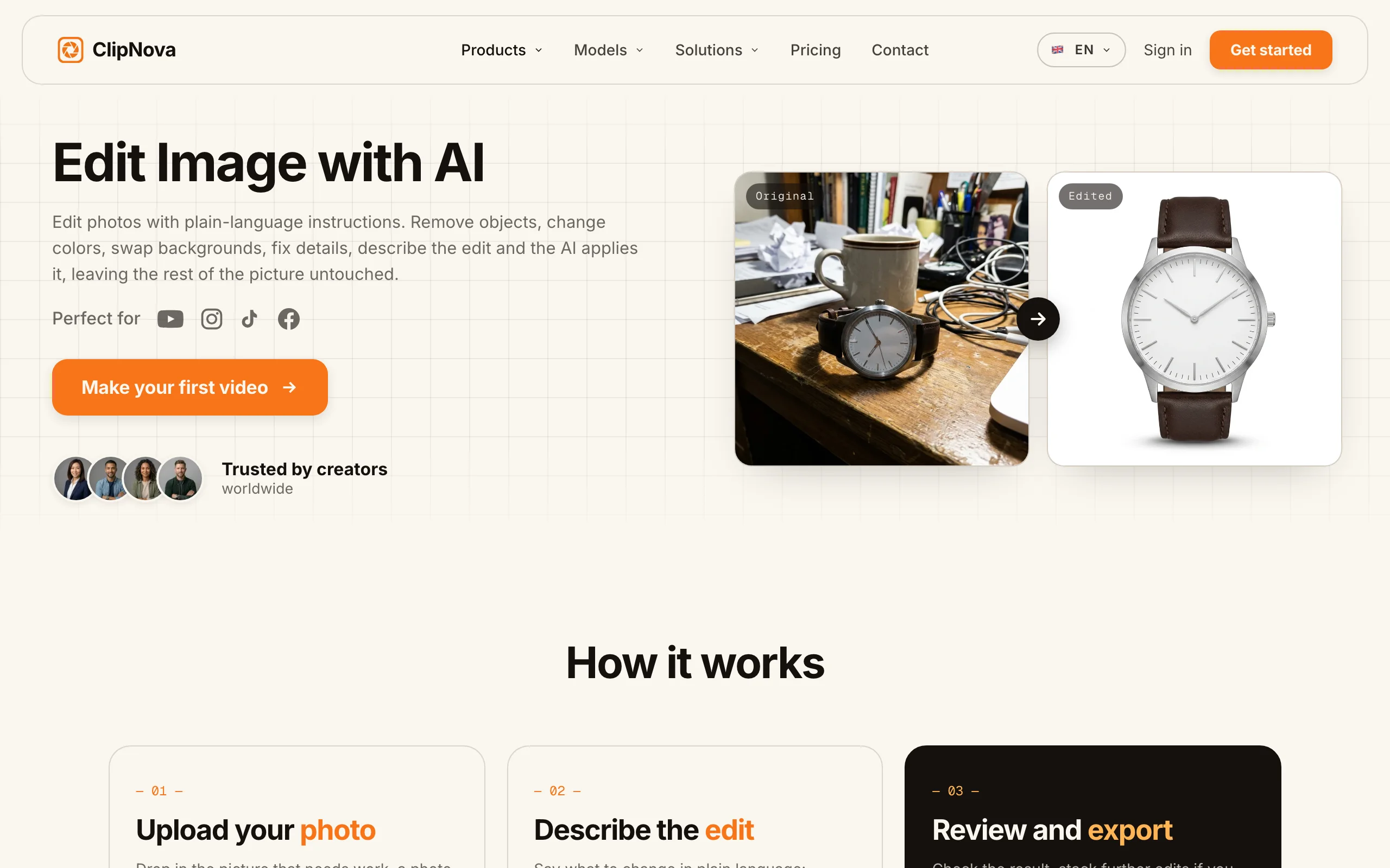 AI photo editor ClipNova, its Edit Image with AI page turning a cluttered desk watch shot into a clean product image