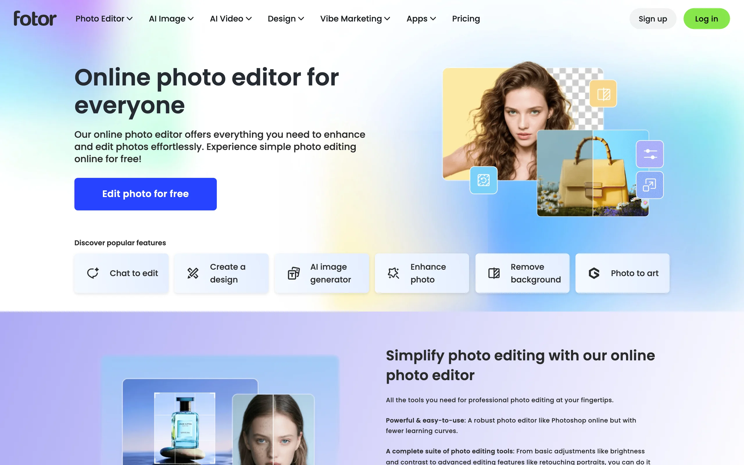 Fotor online photo editor homepage with background removal and enhance tools