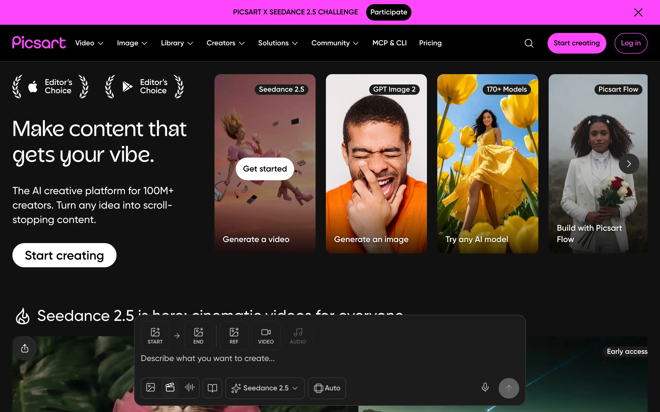 Picsart homepage, an AI photo editing platform for social-first stores