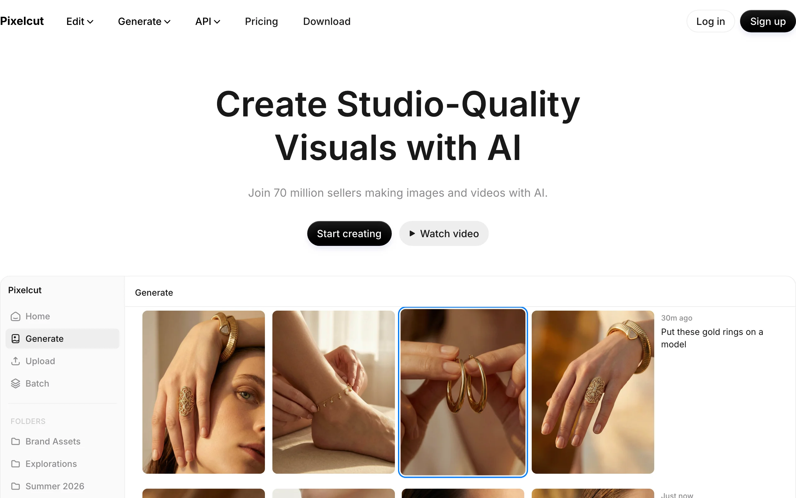 Pixelcut homepage with AI-generated gold ring product shots for sellers